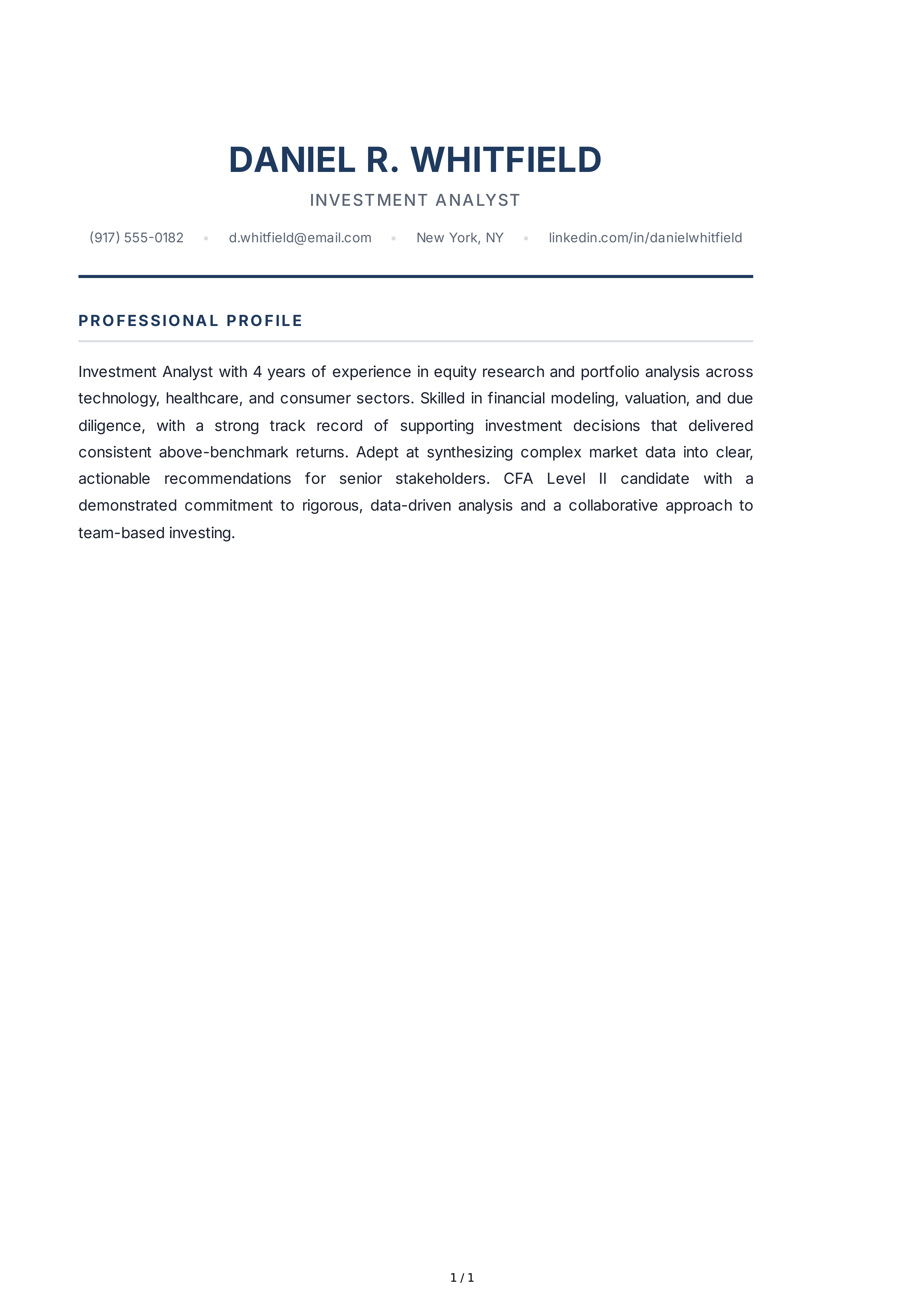 Investment Analyst Resume Profile — page 1