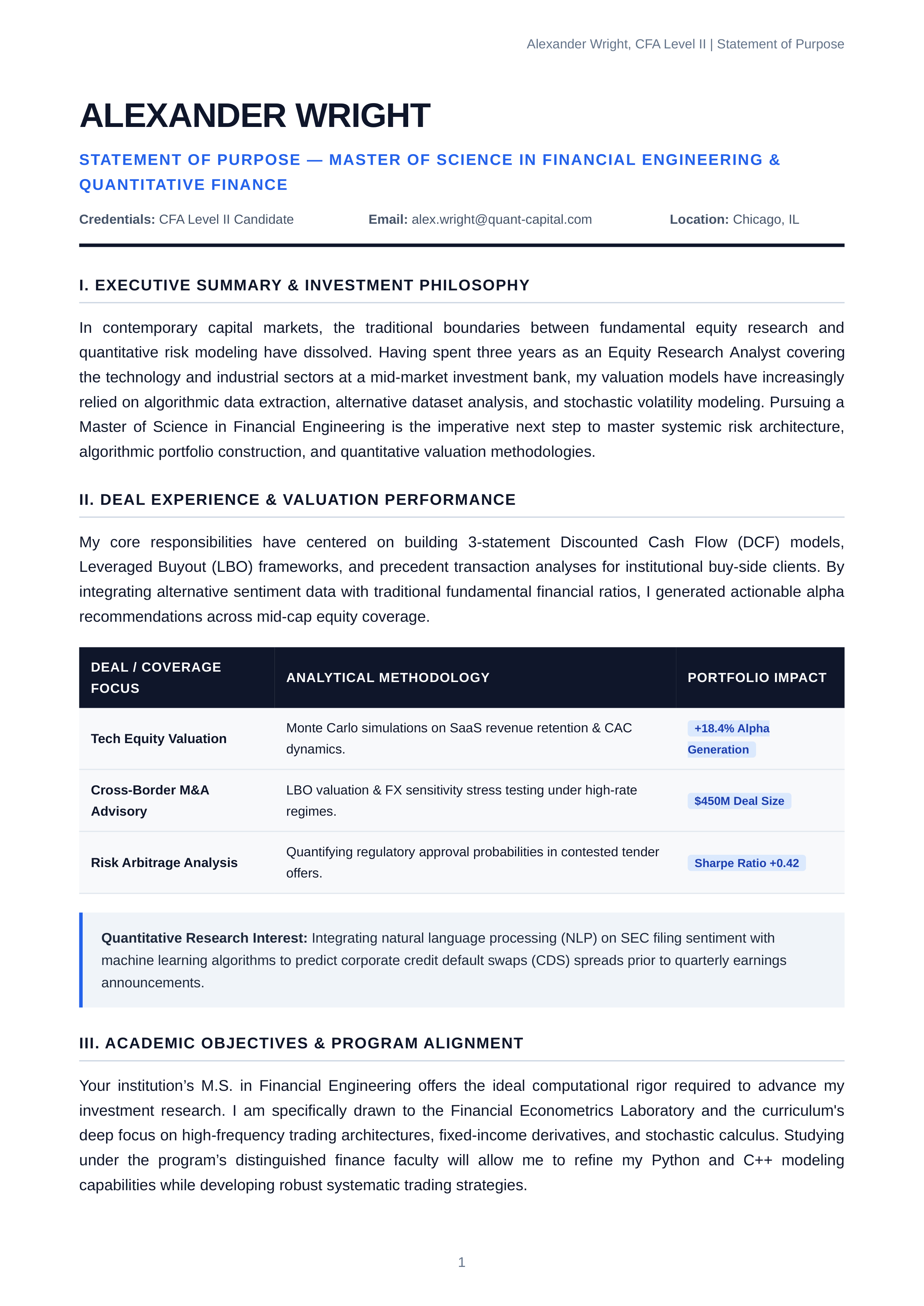 Investment Analyst Statement of Purpose — page 1