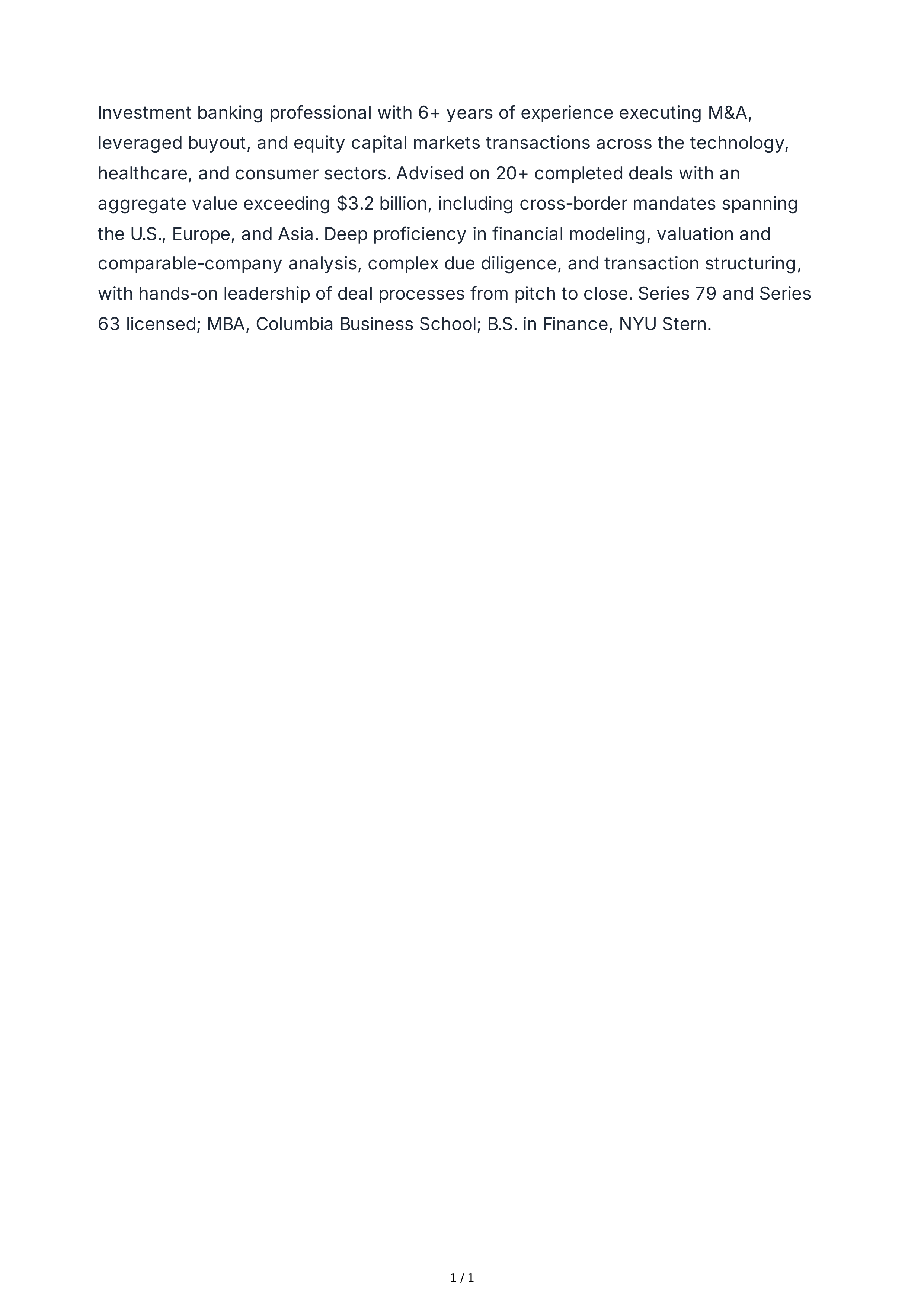 Investment Banker Resume Summary — page 1