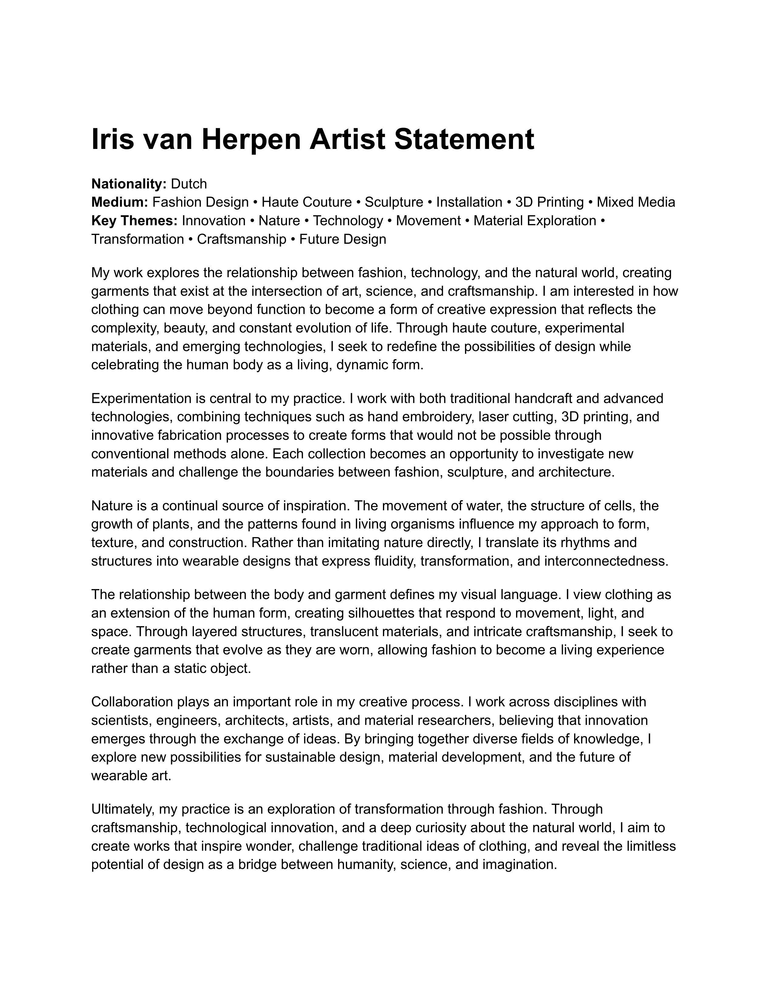 Iris van Herpen Artist Statement — page 1