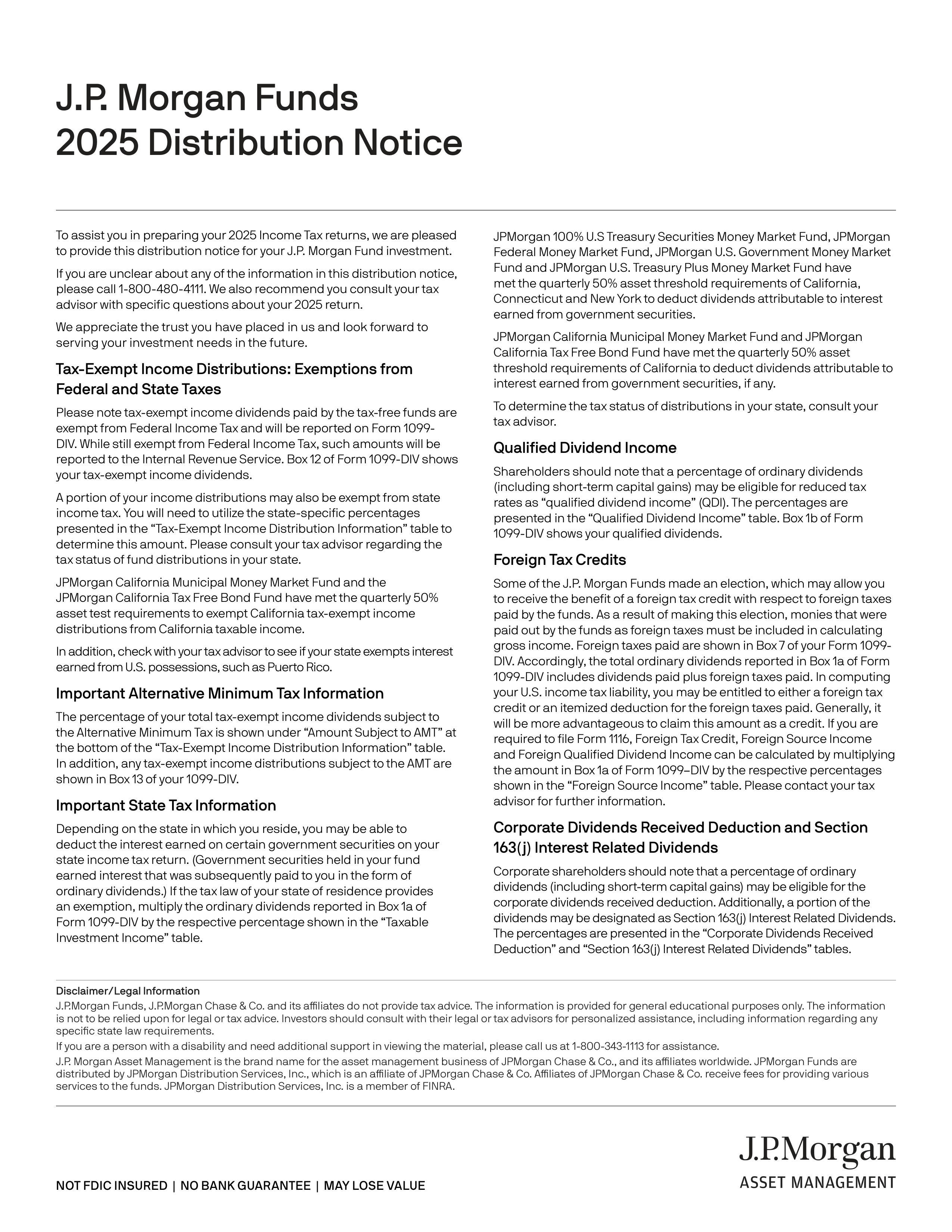 J.P. Morgan Funds Distribution Notice — page 1