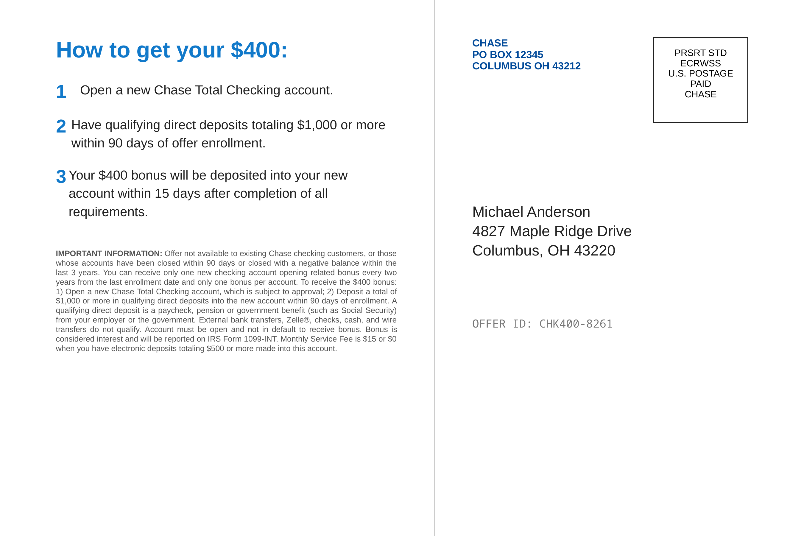 JPMorgan Chase's Checking Account Welcome Bonus Postcard — page 2