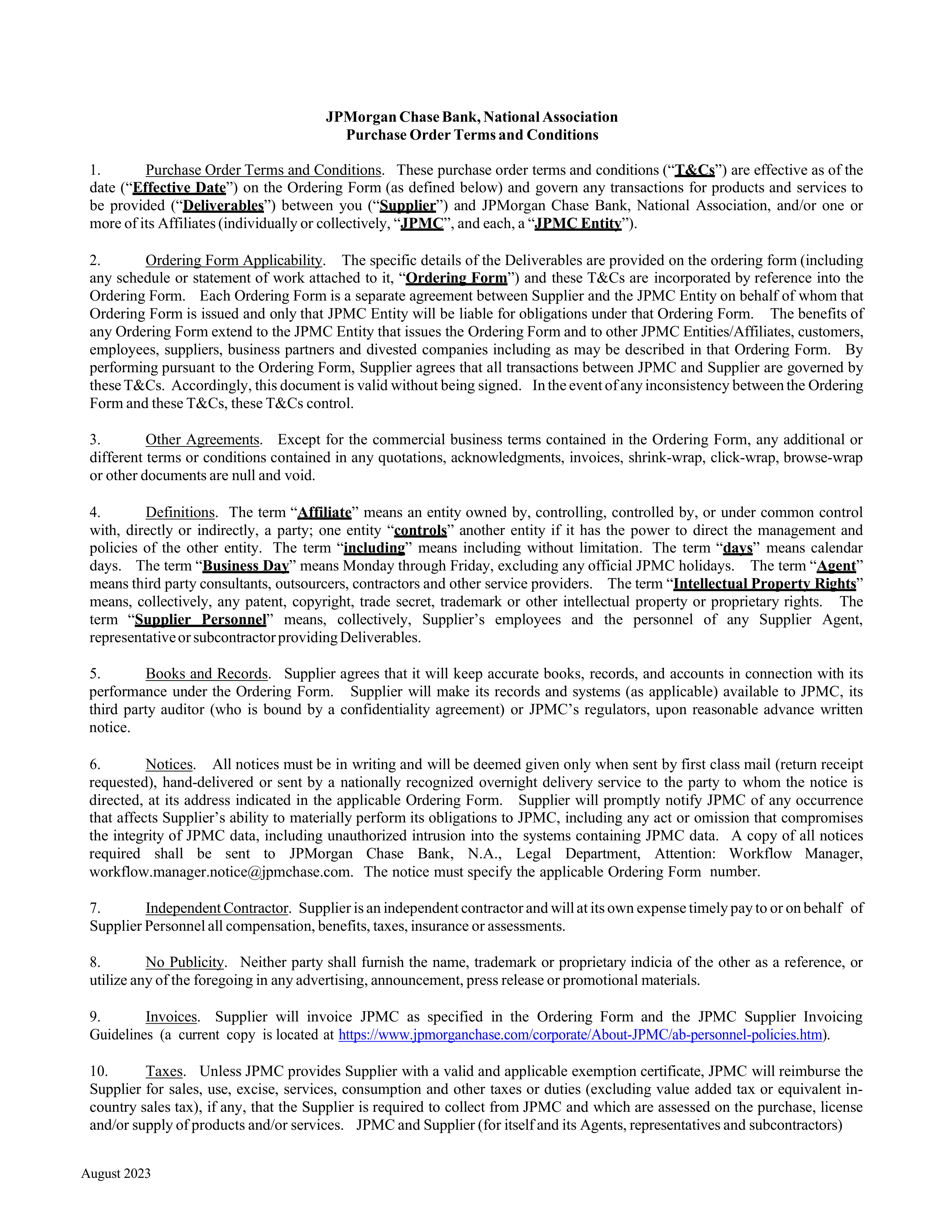 JPMorgan Chase & Co Purchase Order — page 1