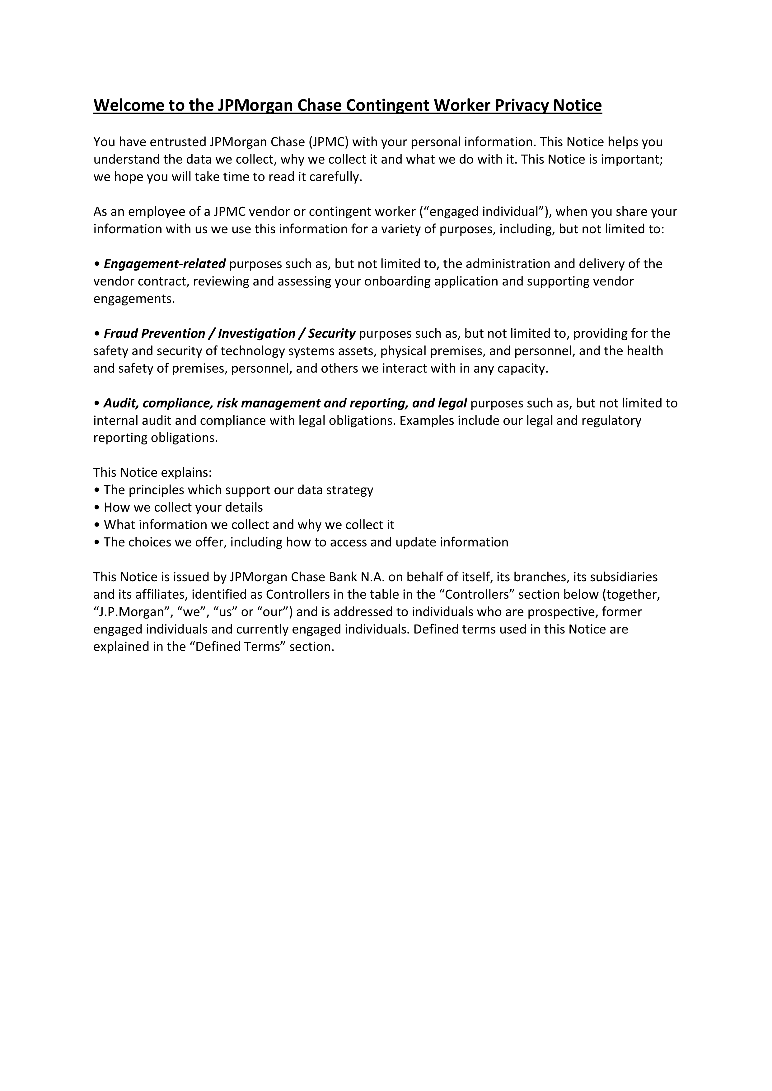 JPMorgan Chase Contingent Worker Privacy Notice — page 1