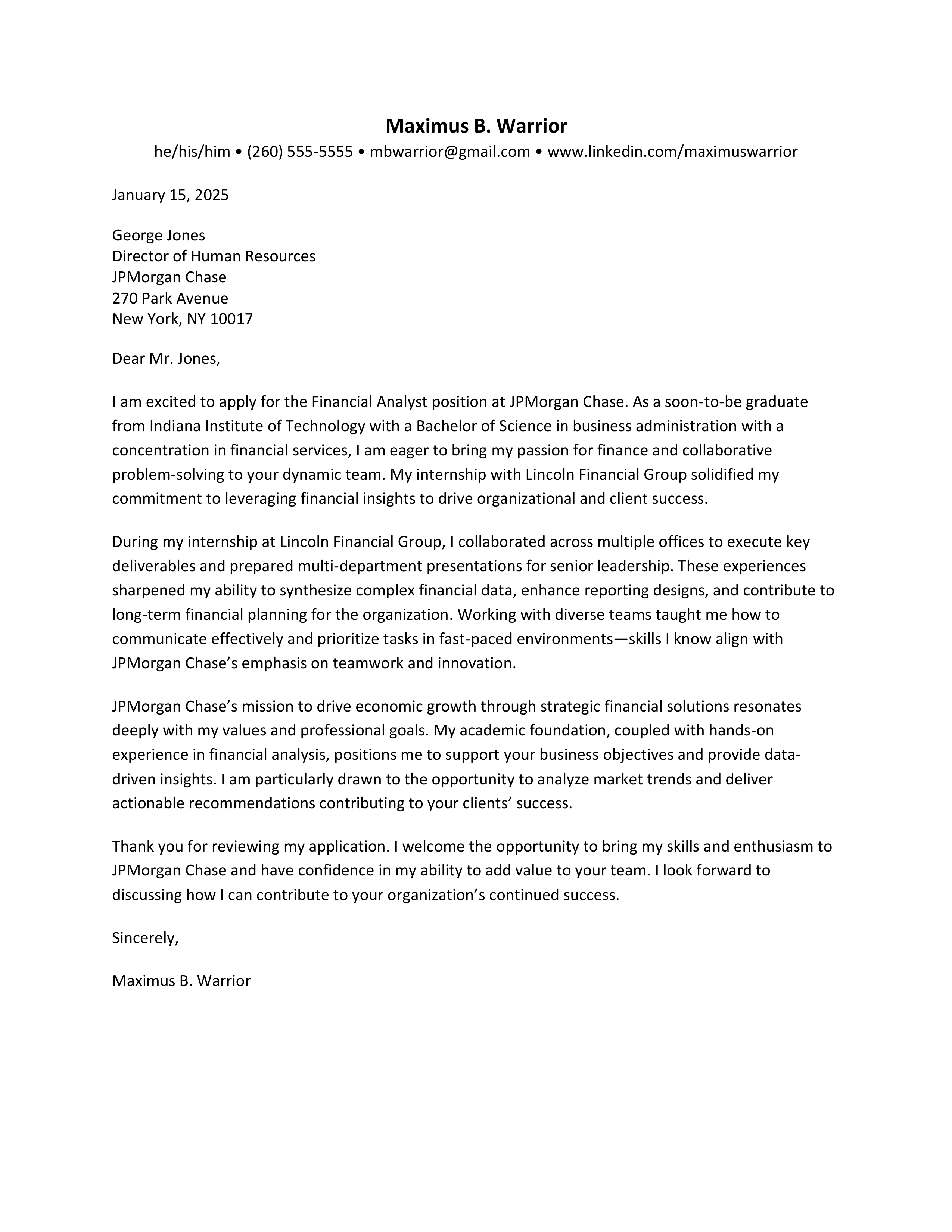 JPMorgan Chase Financial Analyst Cover Letter — page 1