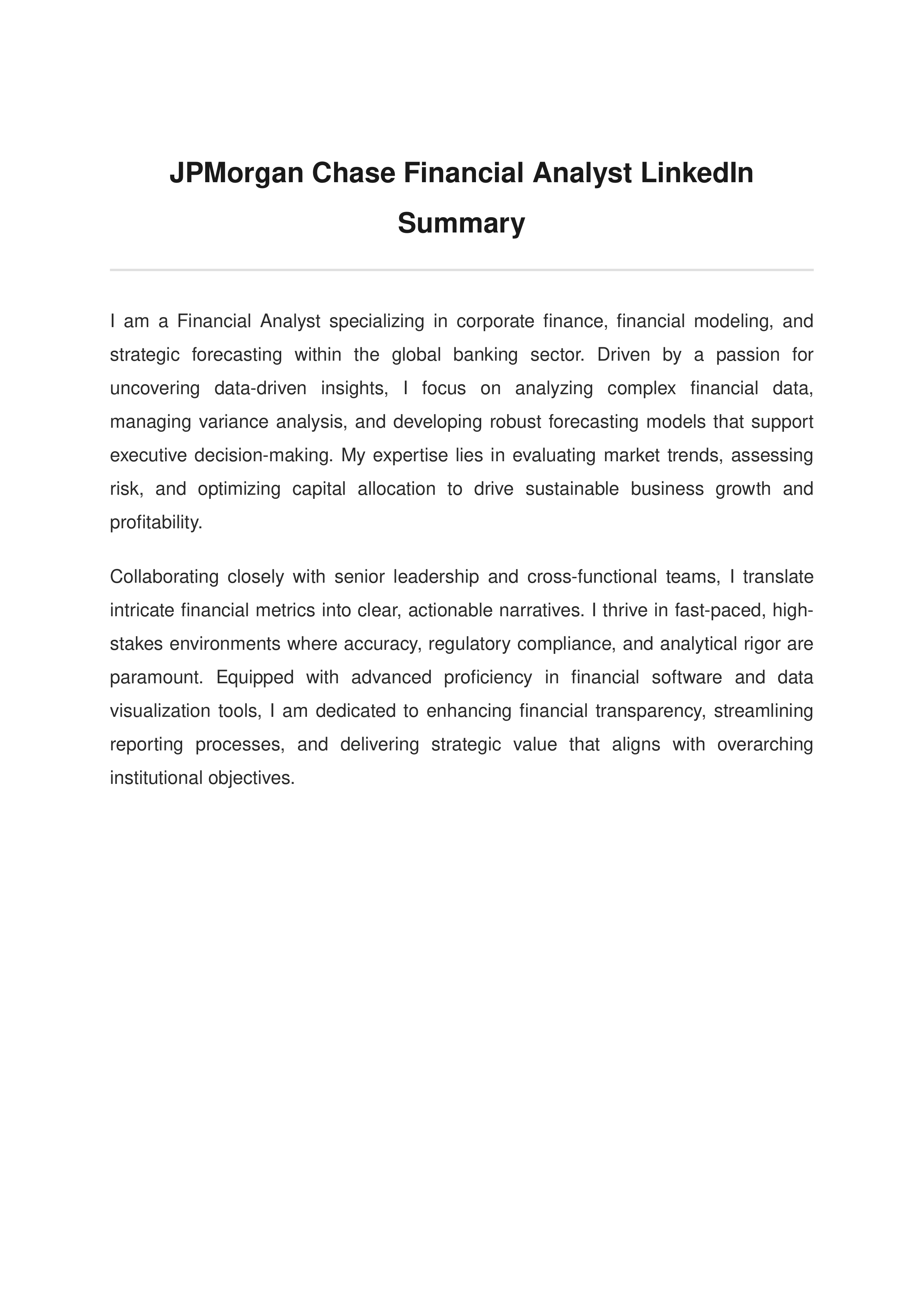 JPMorgan Chase Financial Analyst LinkedIn Summary — page 1