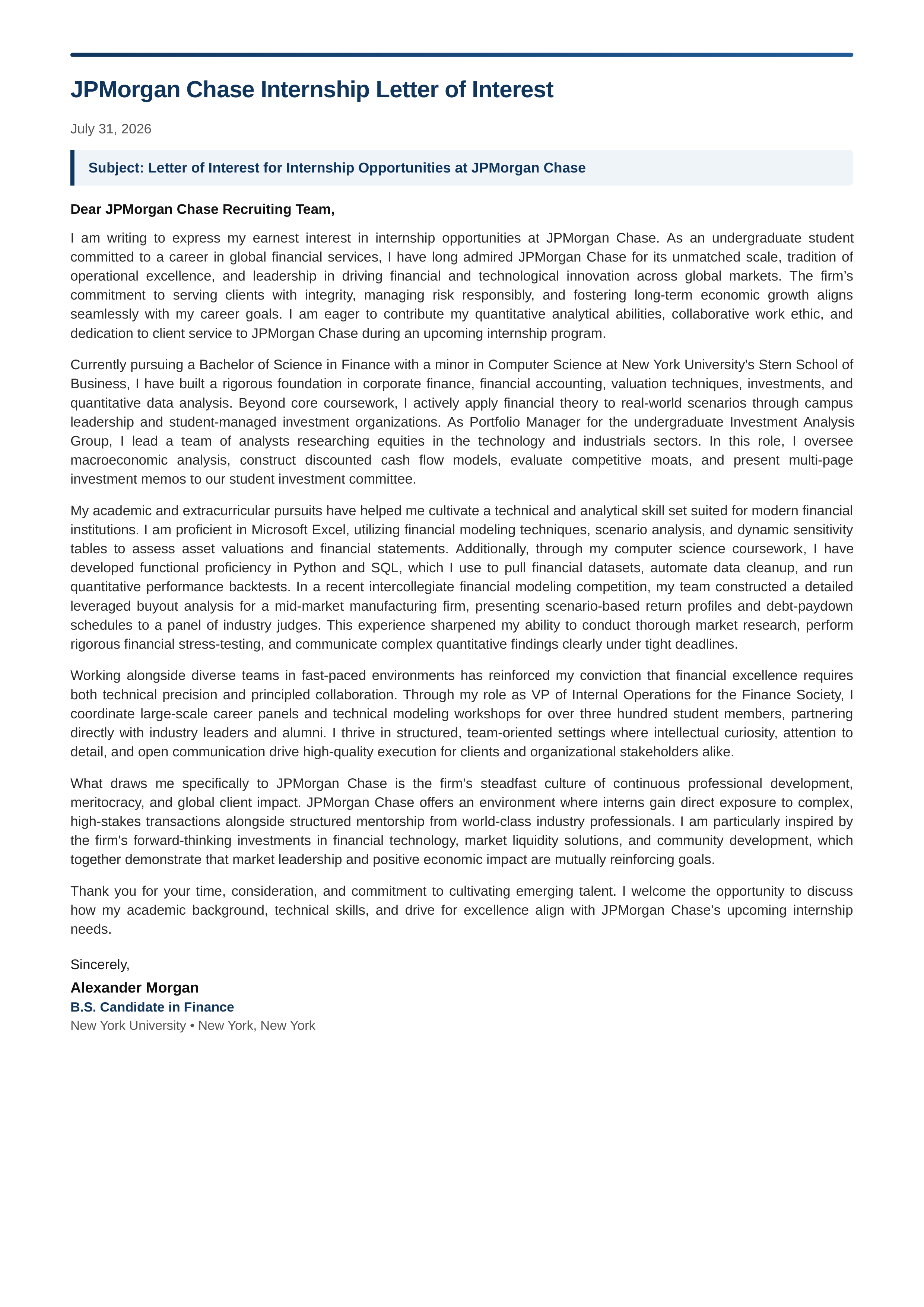 JPMorgan Chase Internship Letter of Interest — page 1