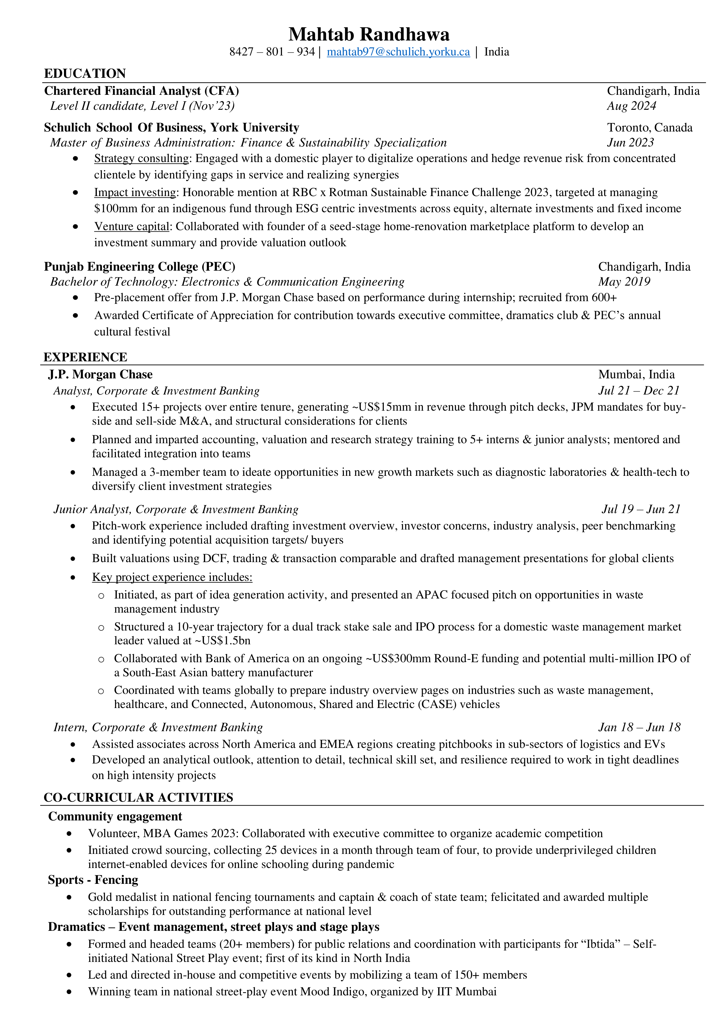 JPMorgan Chase Investment Banker Resume — page 1