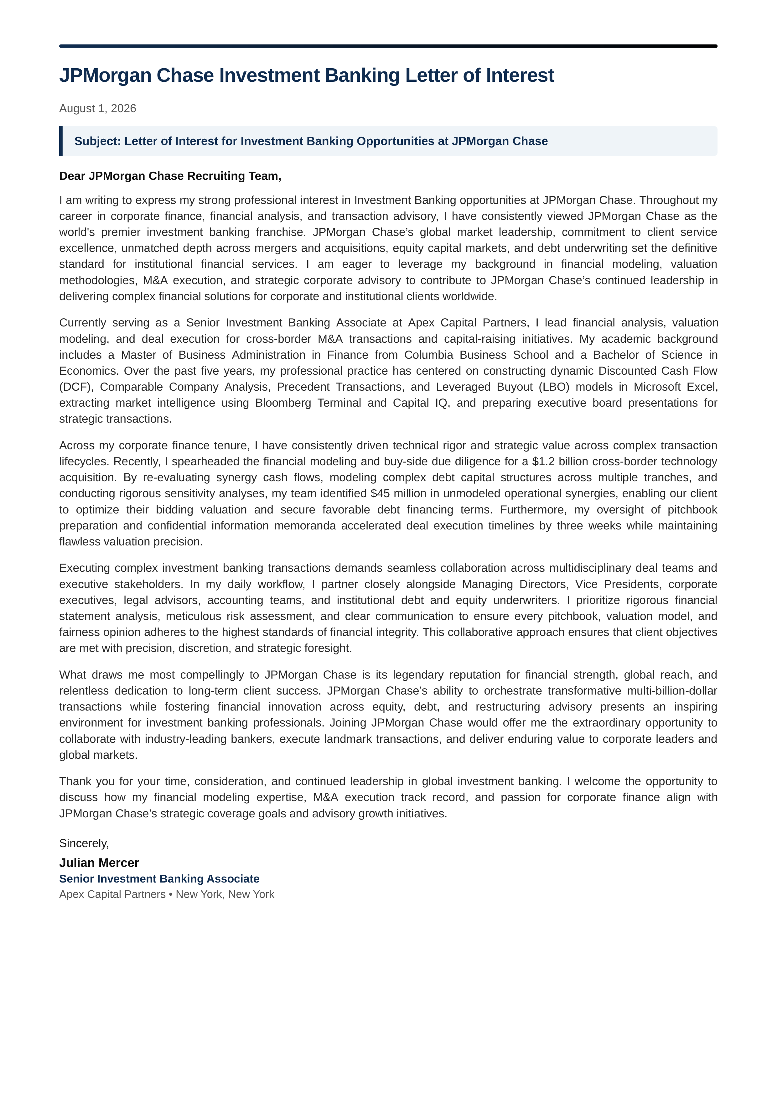 JPMorgan Chase Investment Banking Letter of Interest — page 1