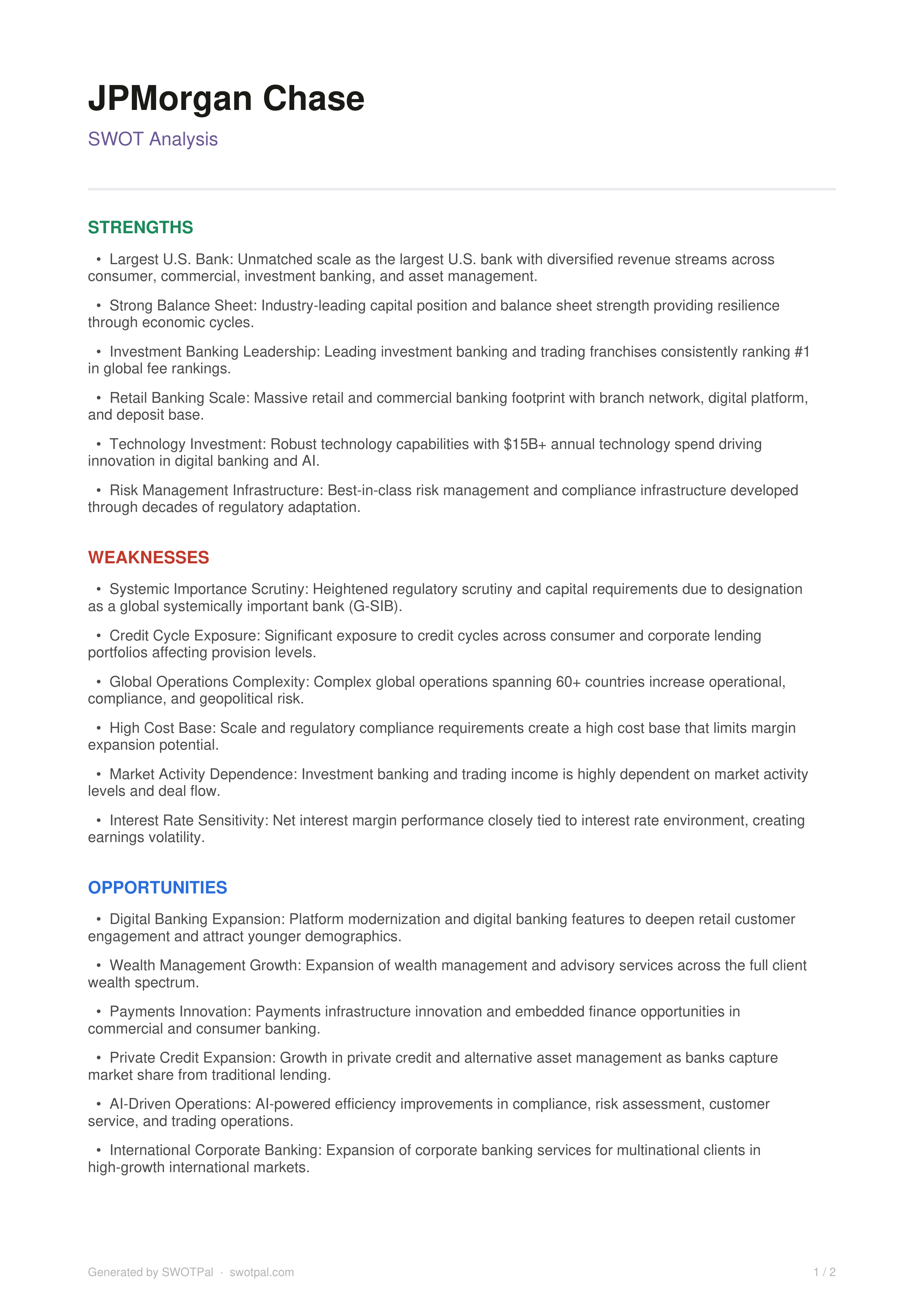 JPMorgan Chase SWOT Analysis  — page 1
