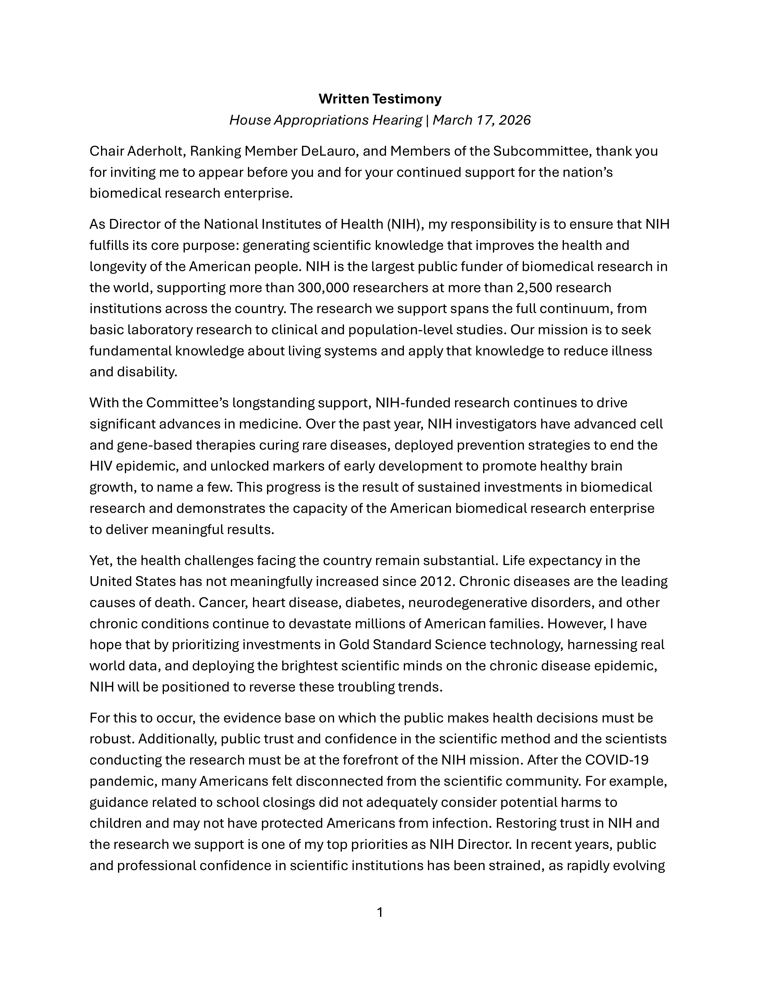 Jay Bhattacharya Congressional Opening Statement — page 1
