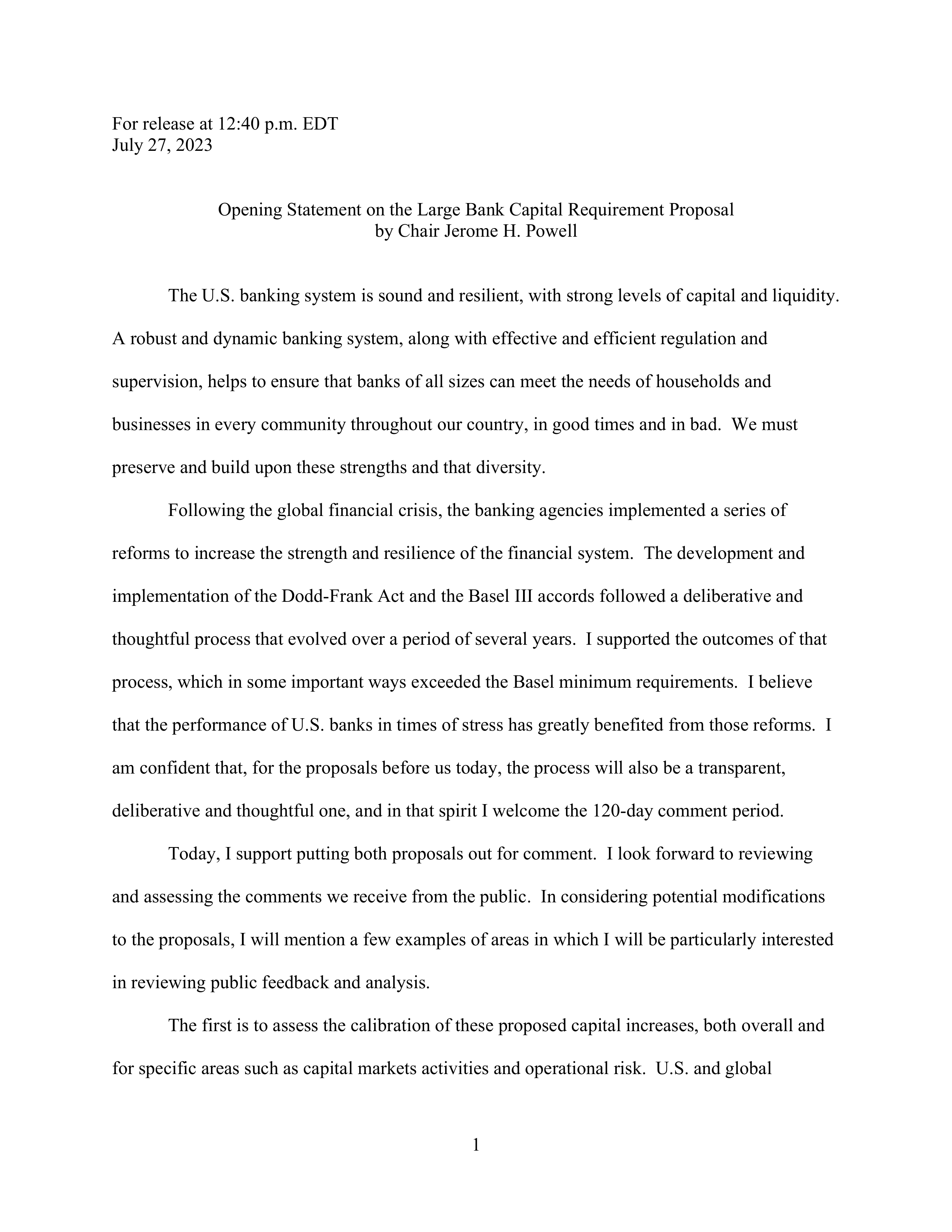 Jerome H. Powell Banking Opening Statement — page 1