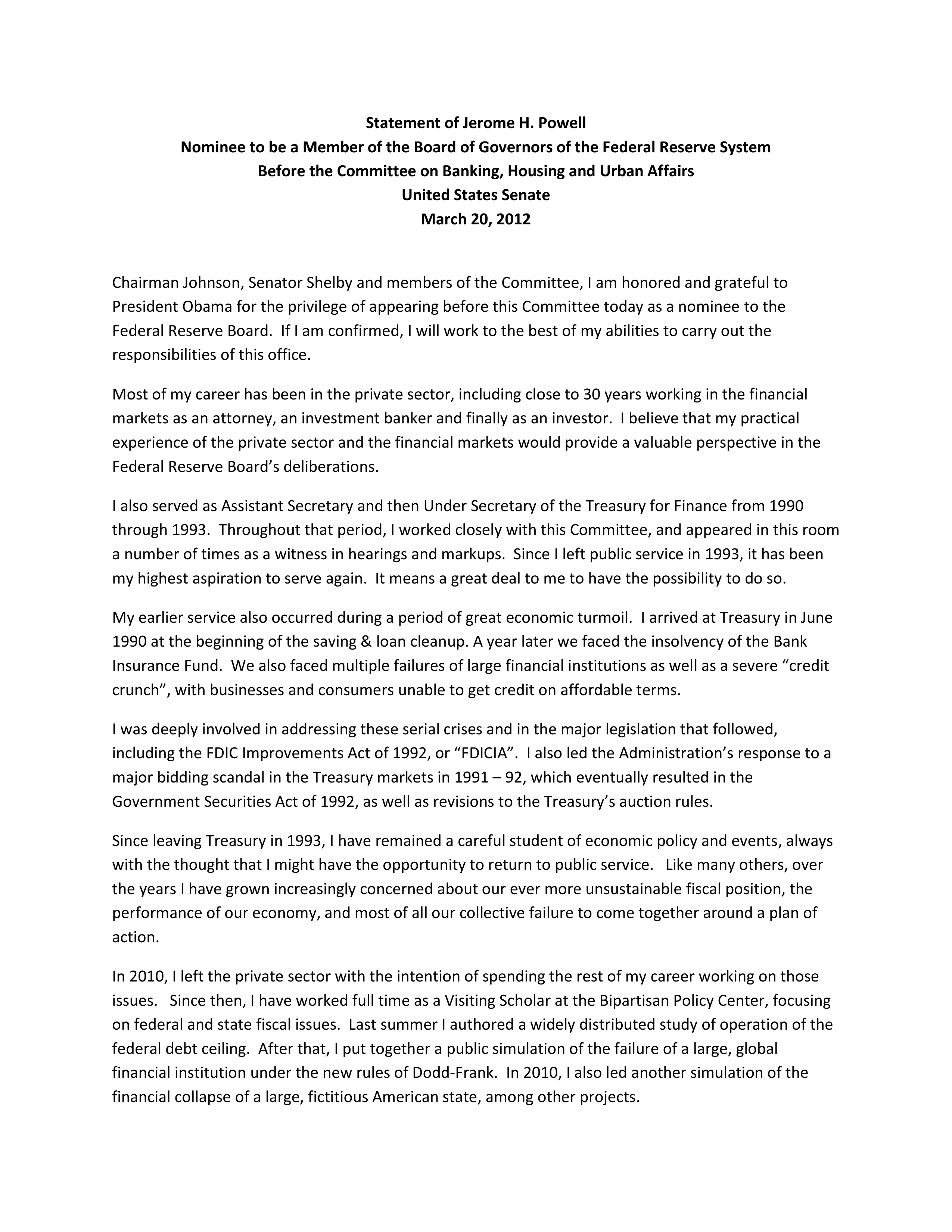 Jerome H. Powell Fed Nomination Opening Statement — page 1