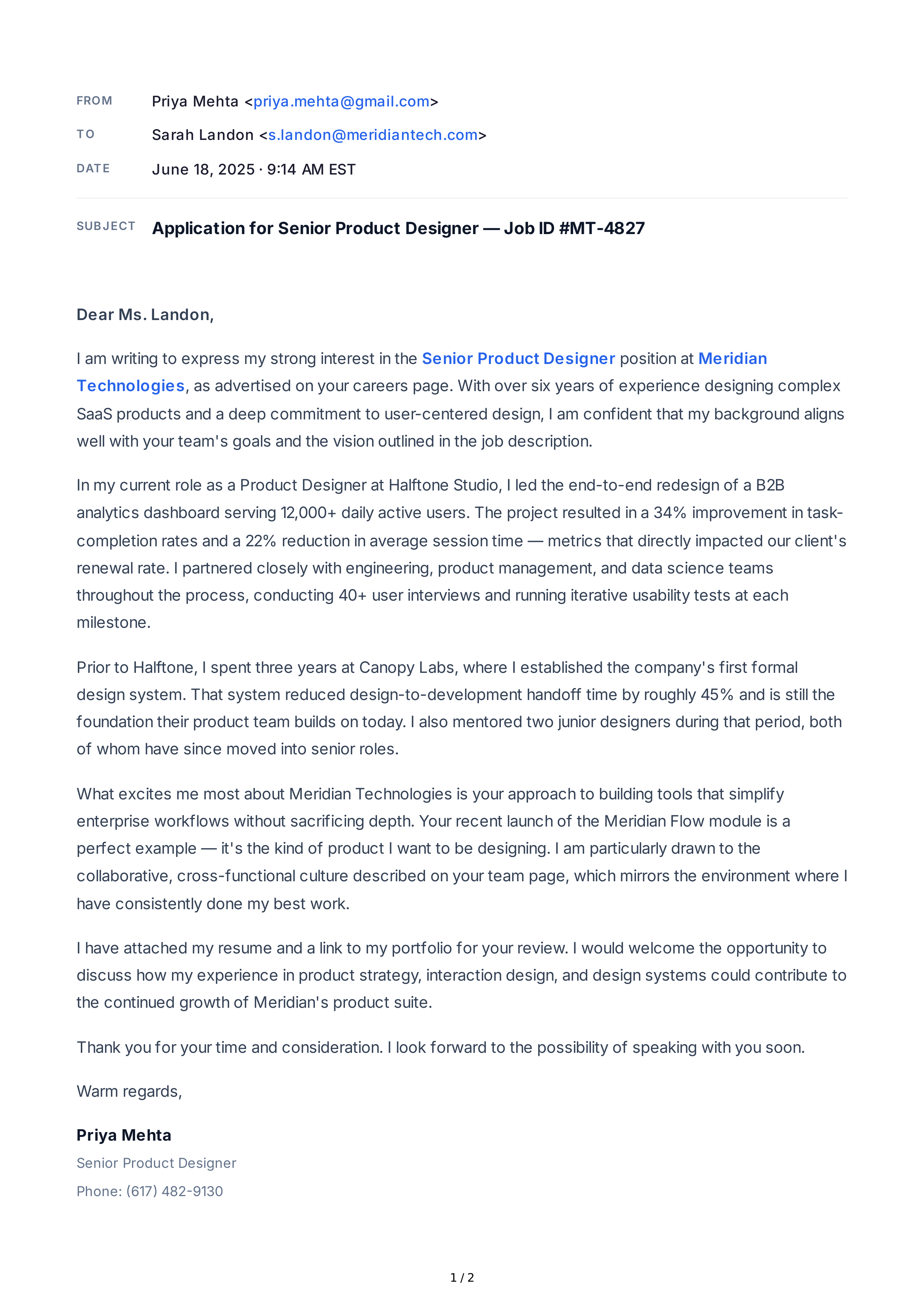 Job Application Email — page 1
