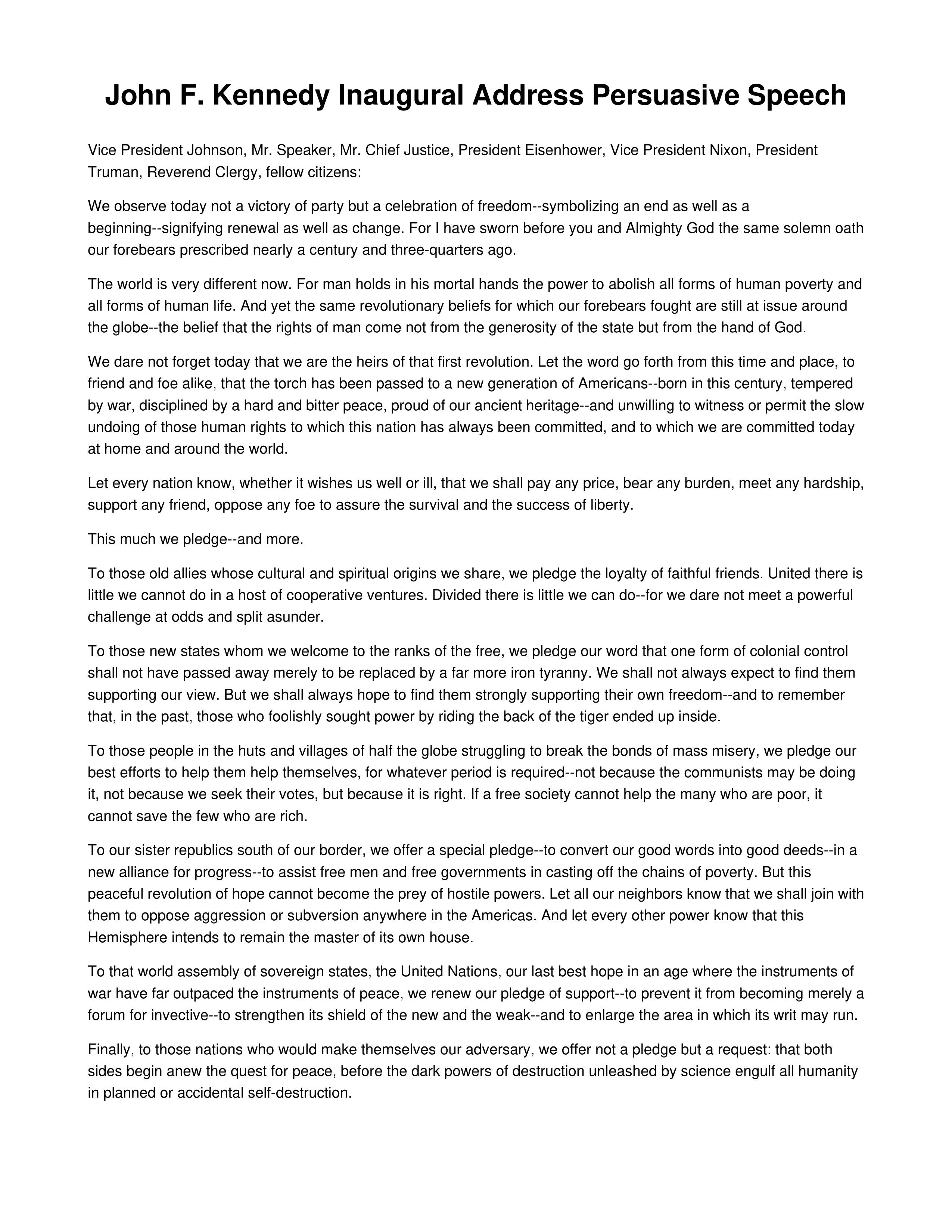 John F. Kennedy Inaugural Address Persuasive Speech — page 1