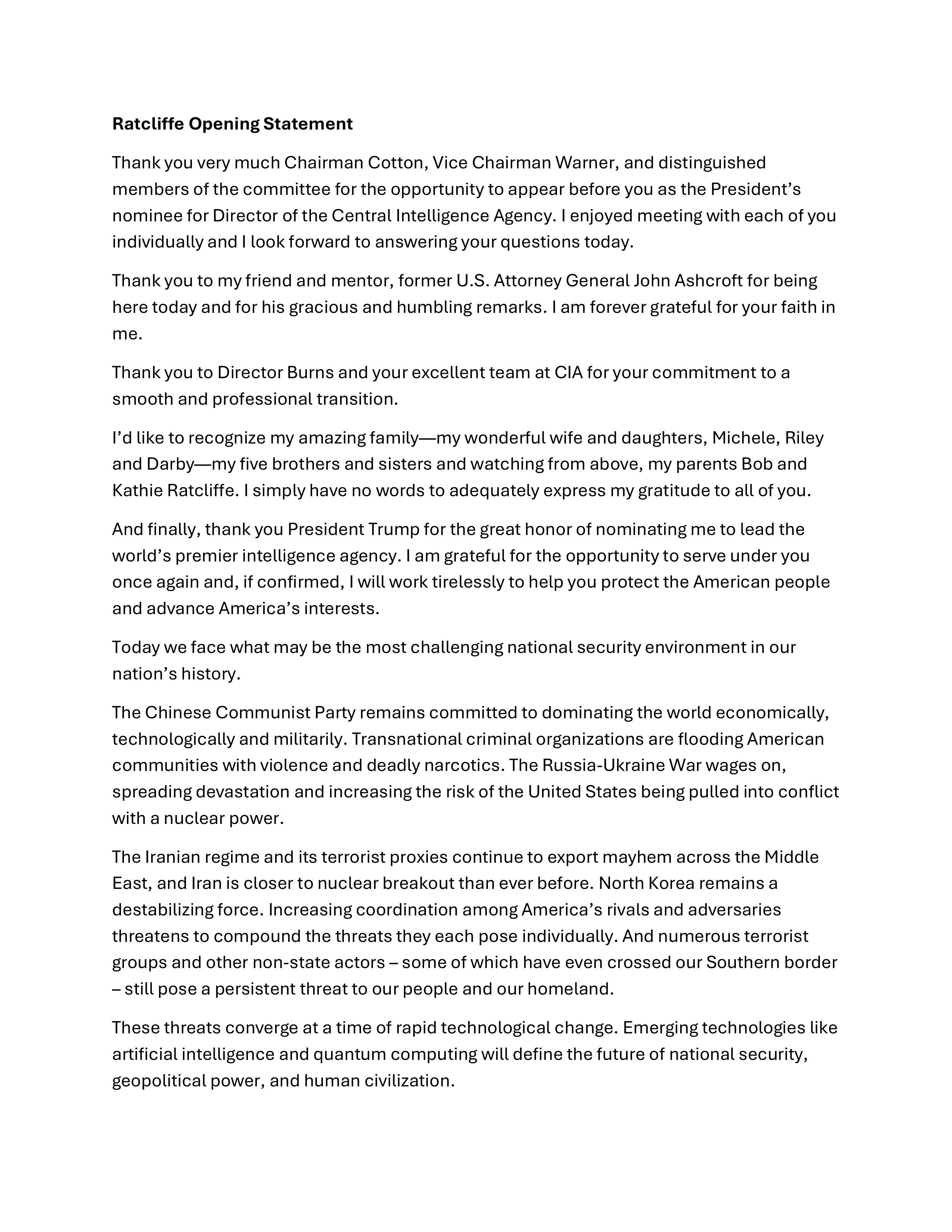 John Ratcliffe CIA Opening Statement — page 1