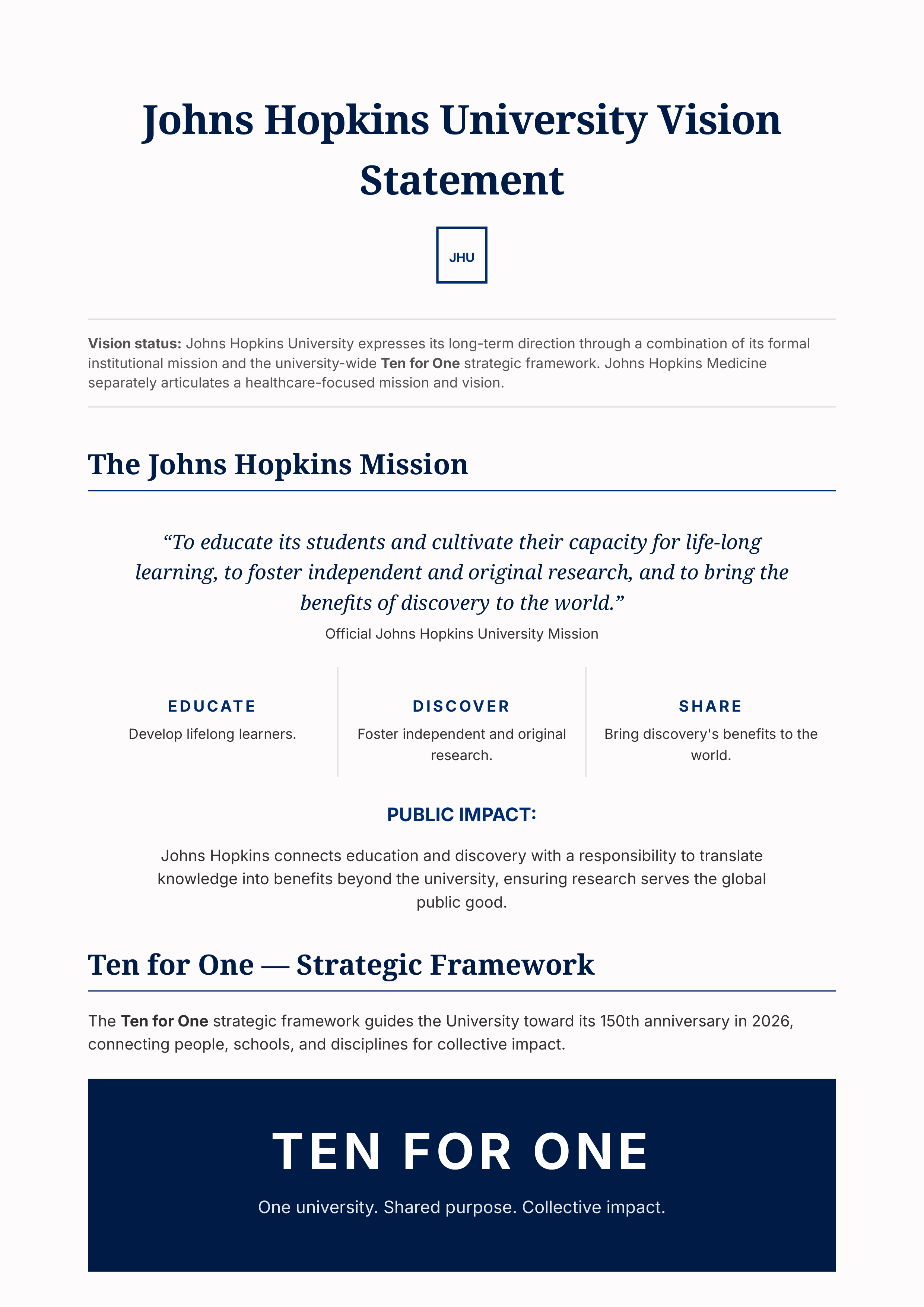 Johns Hopkins University Vision Statement — page 1