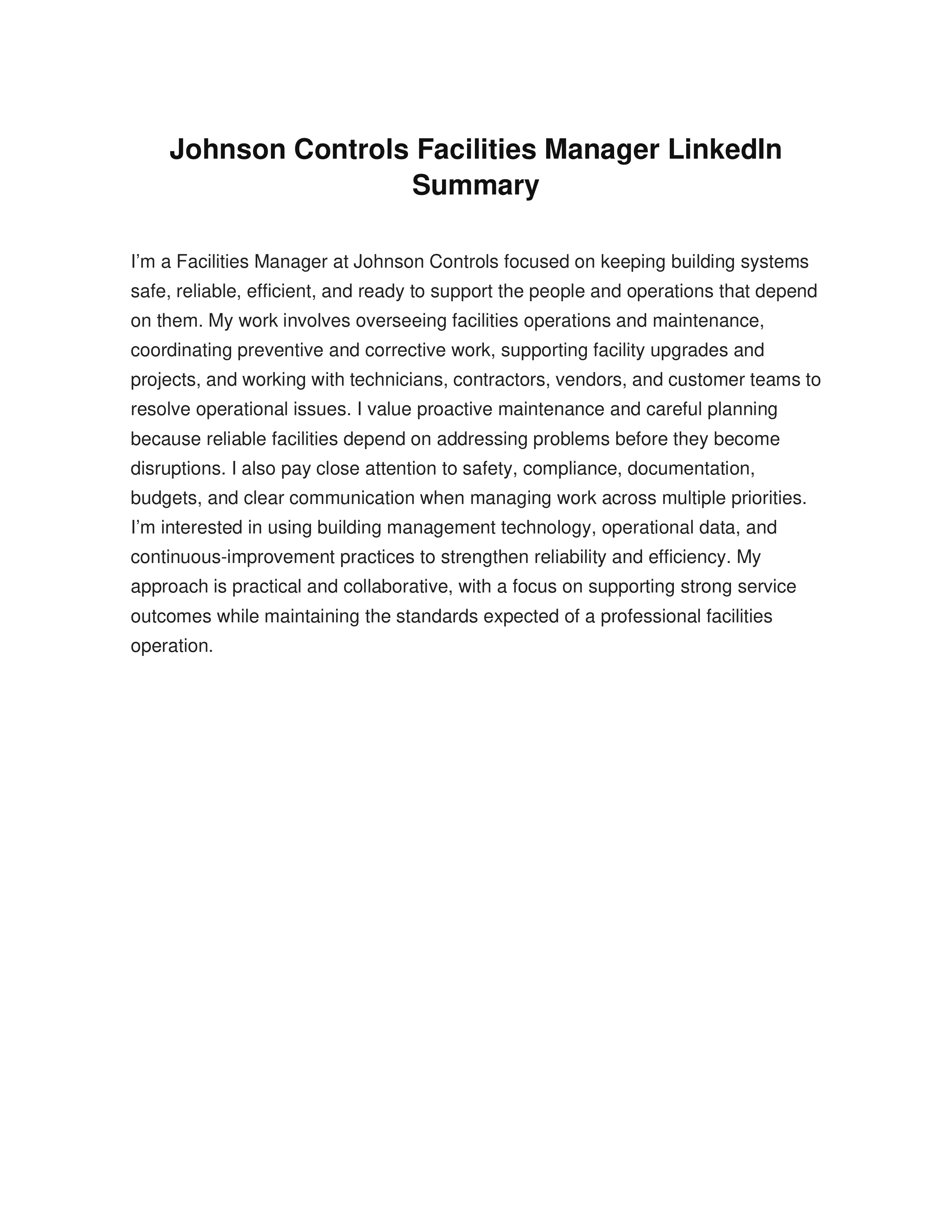Johnson Controls Facilities Manager LinkedIn Summary — page 1