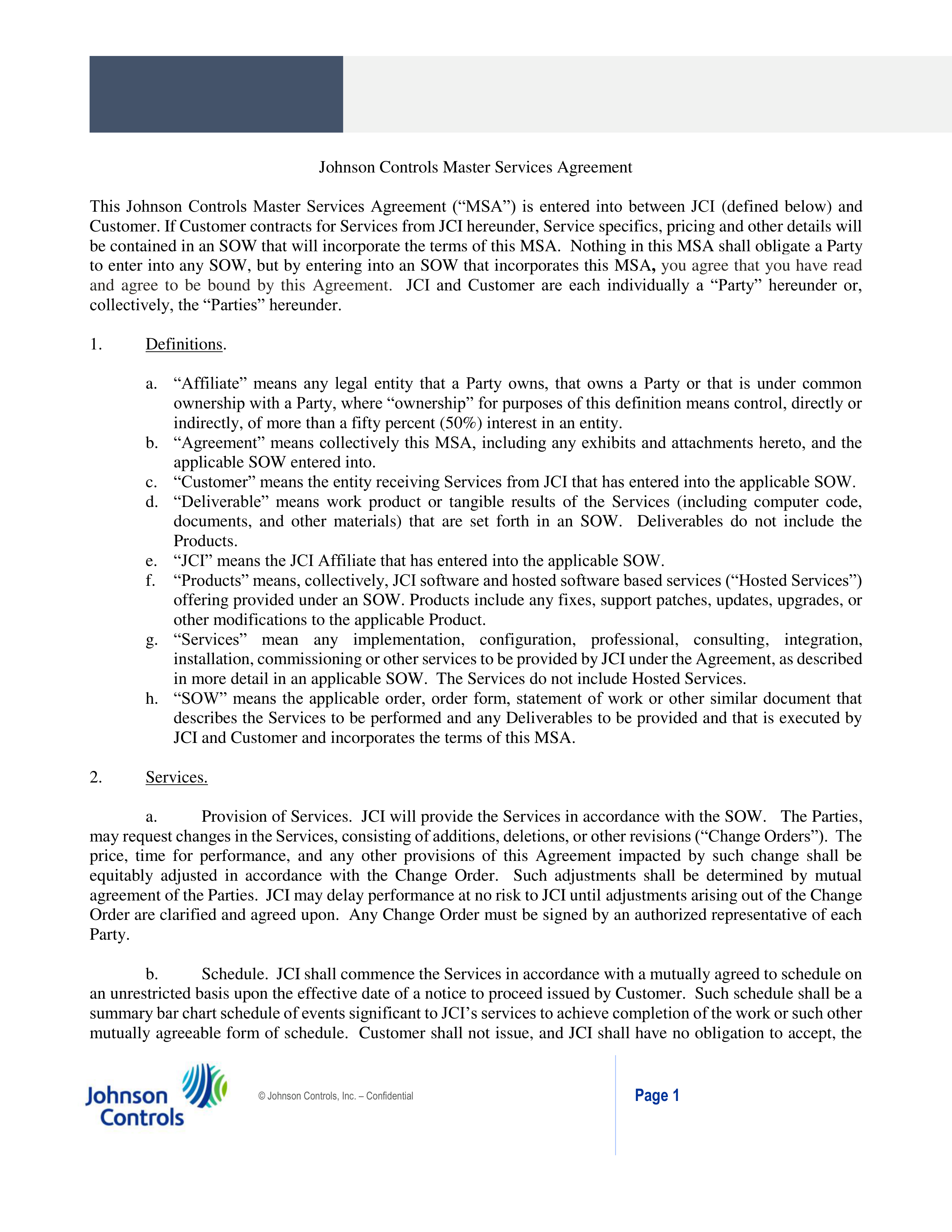 Johnson Controls Master Services Agreement — page 1