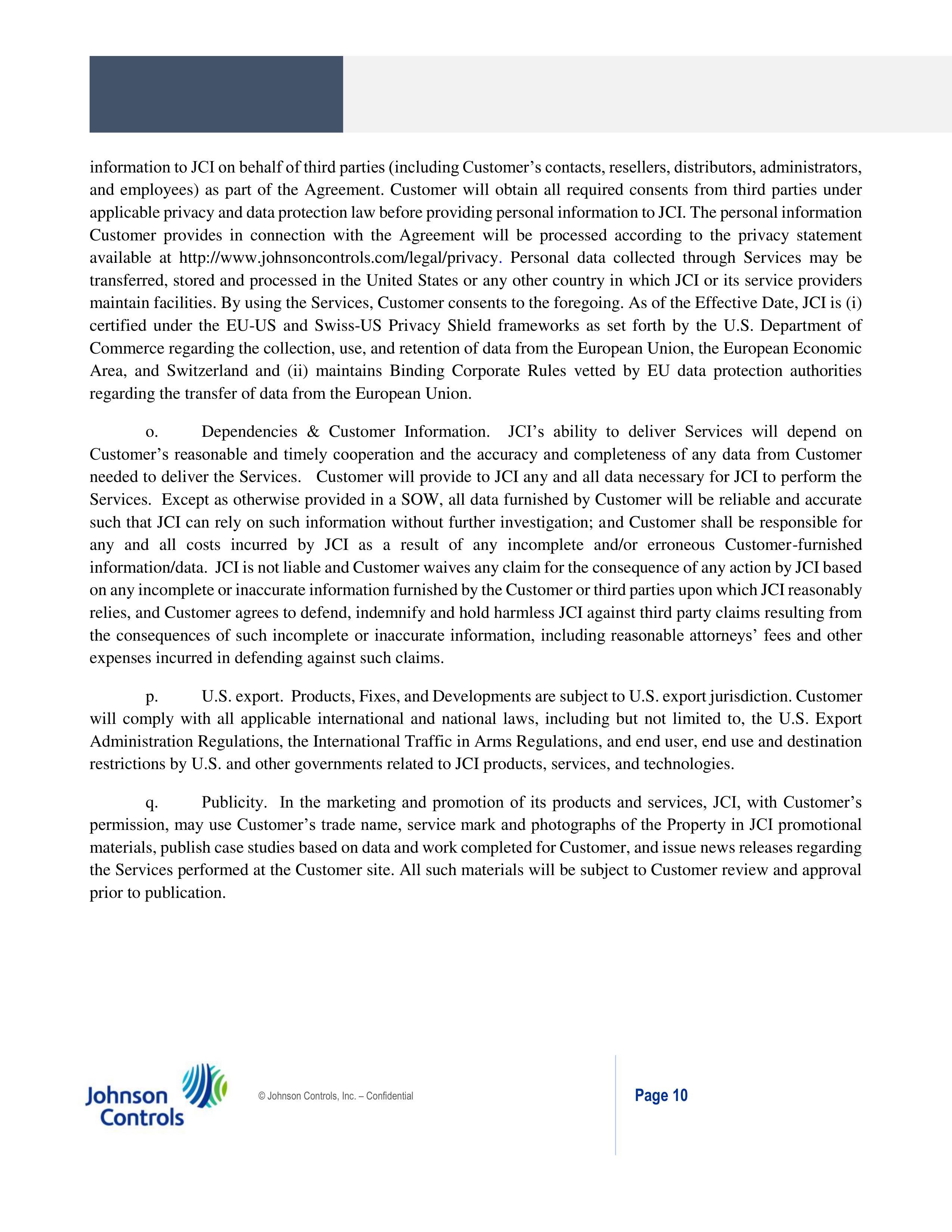 Johnson Controls Master Services Agreement — page 10