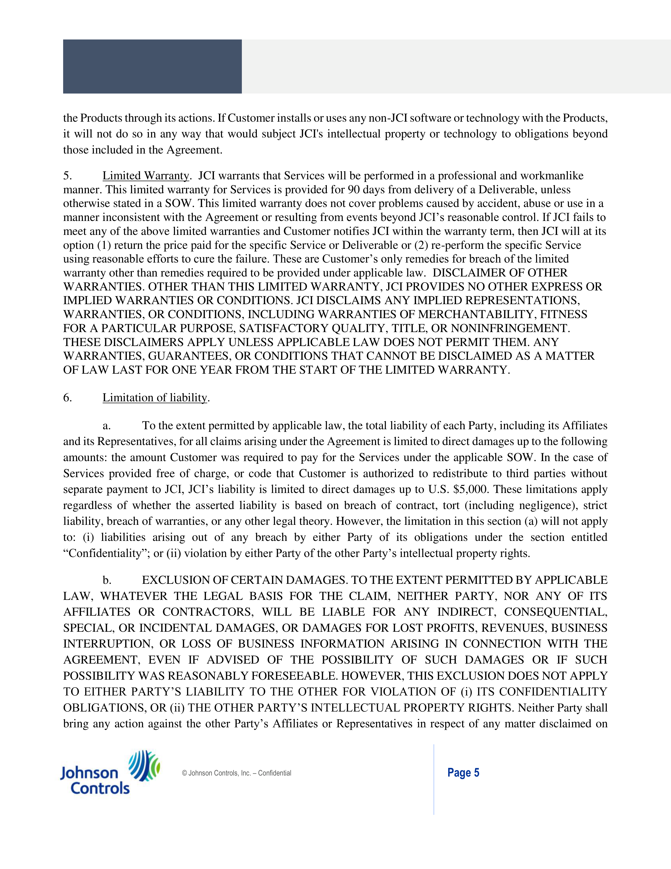 Johnson Controls Master Services Agreement — page 5