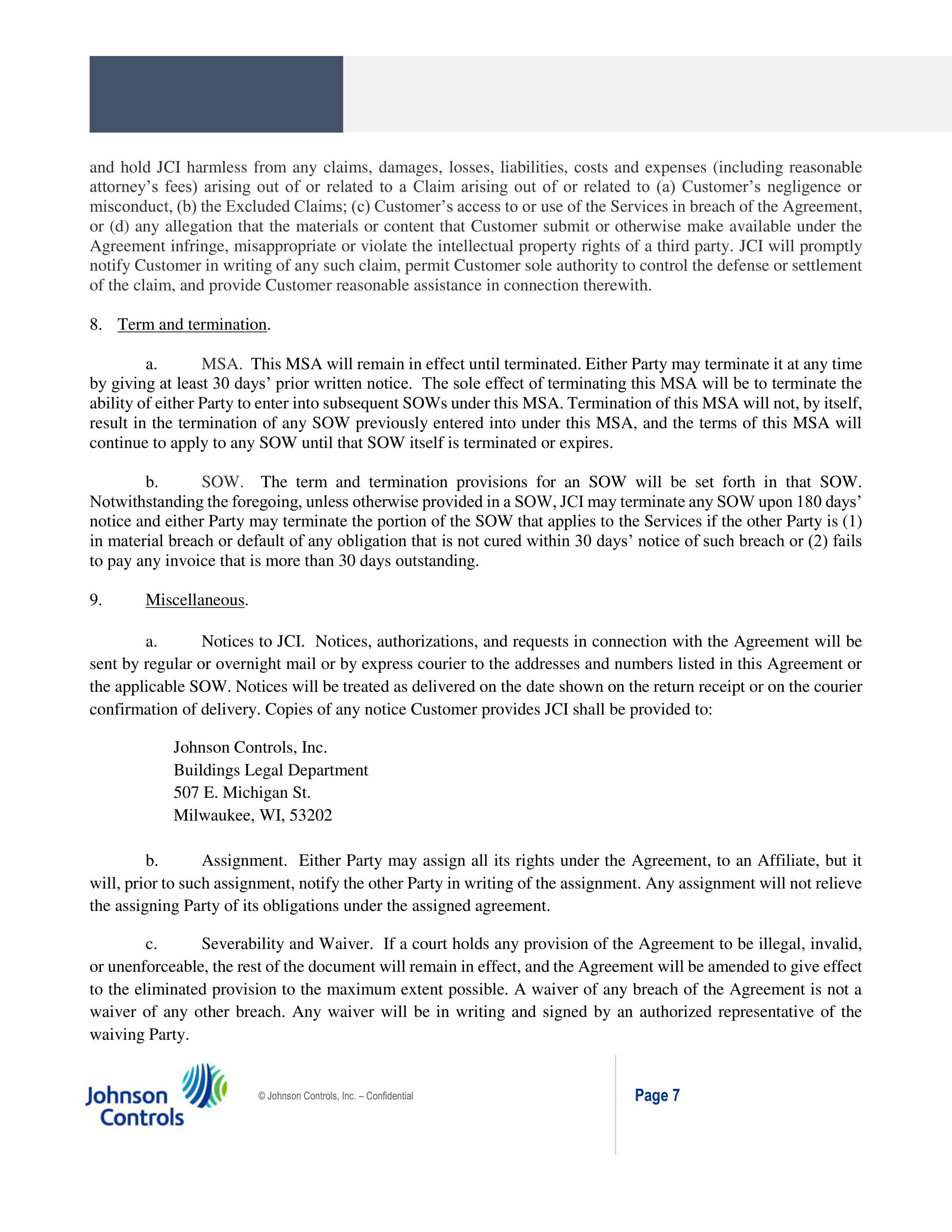 Johnson Controls Master Services Agreement — page 7