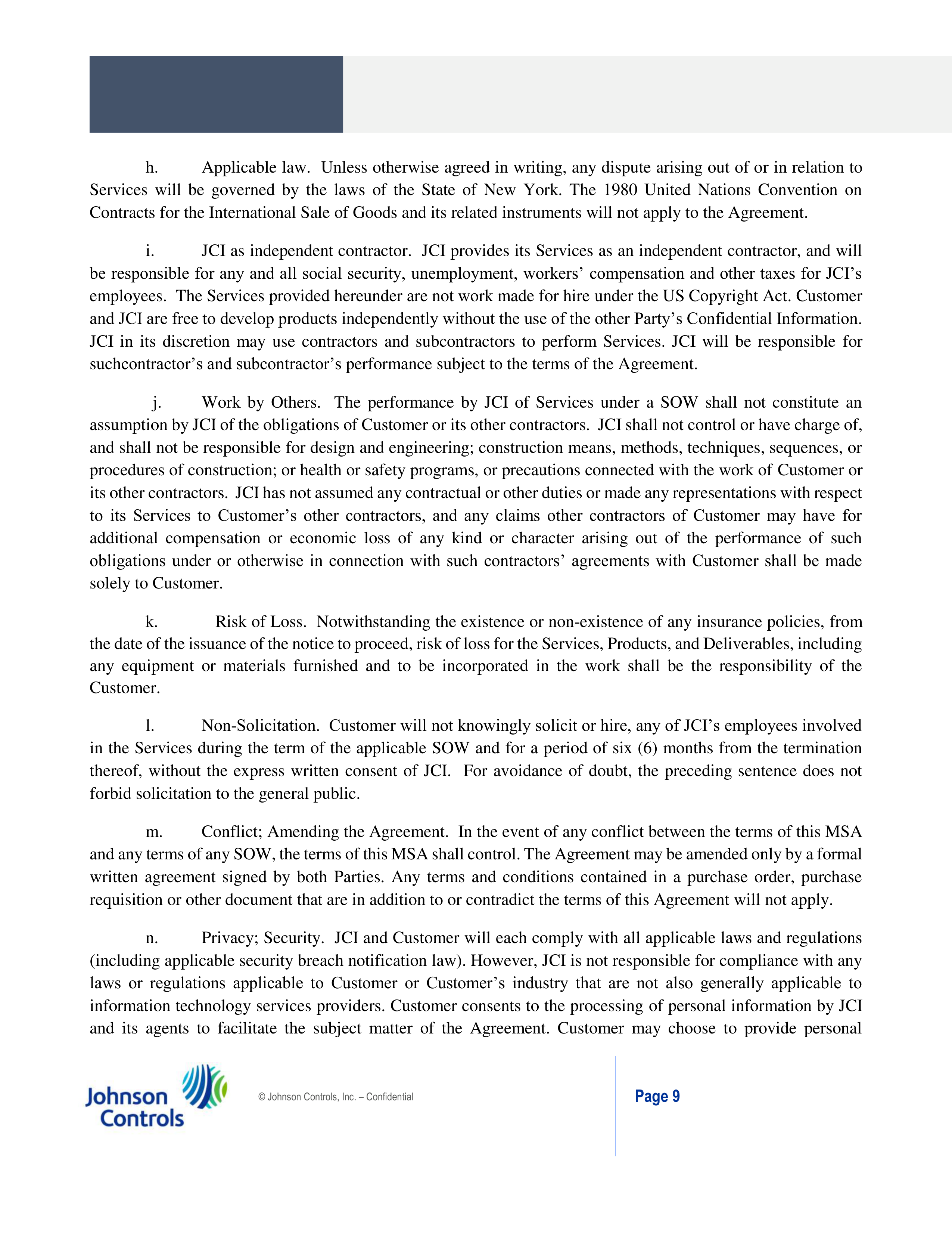 Johnson Controls Master Services Agreement — page 9