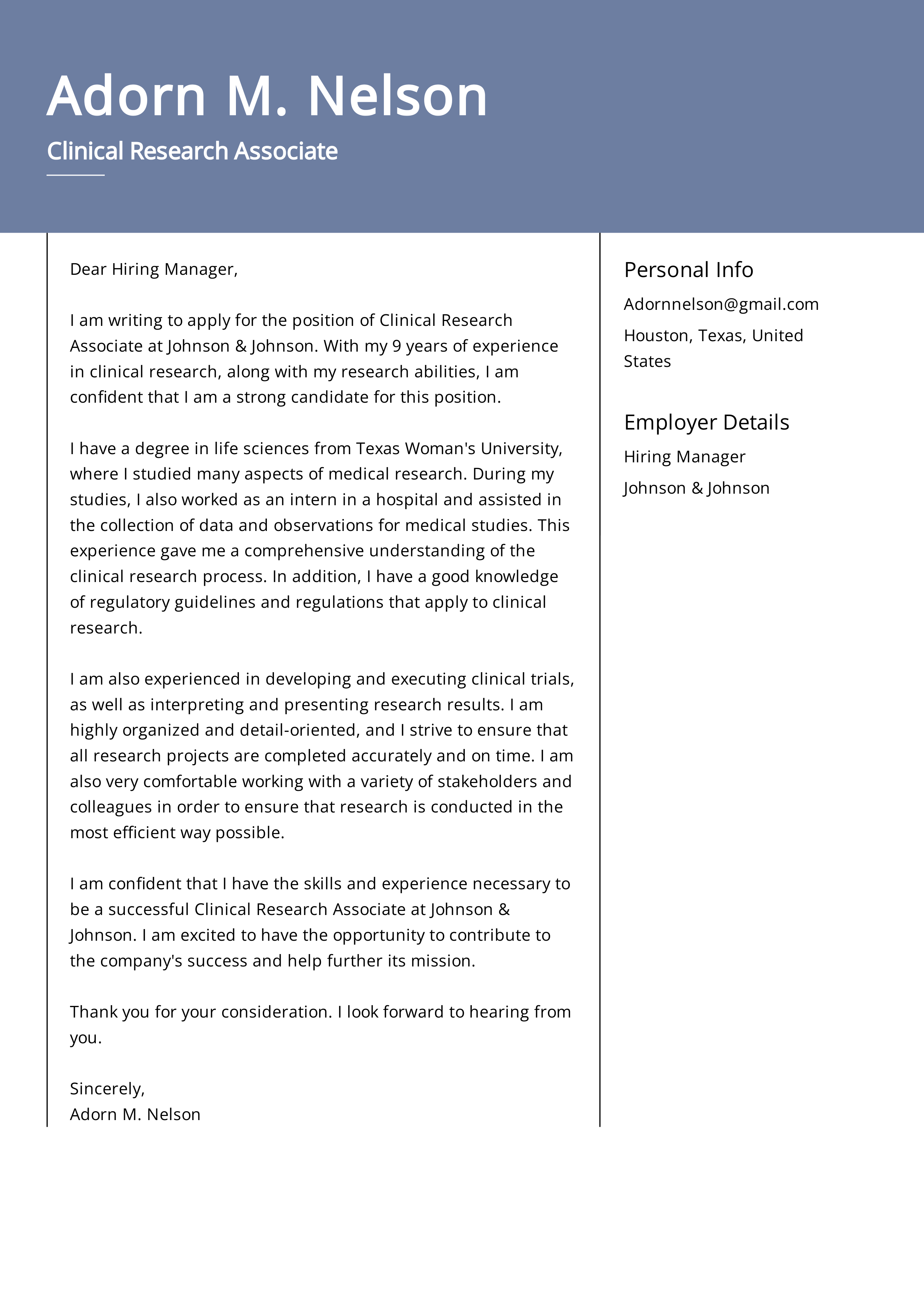 Johnson & Johnson Clinical Research Associate Cover Letter — page 1