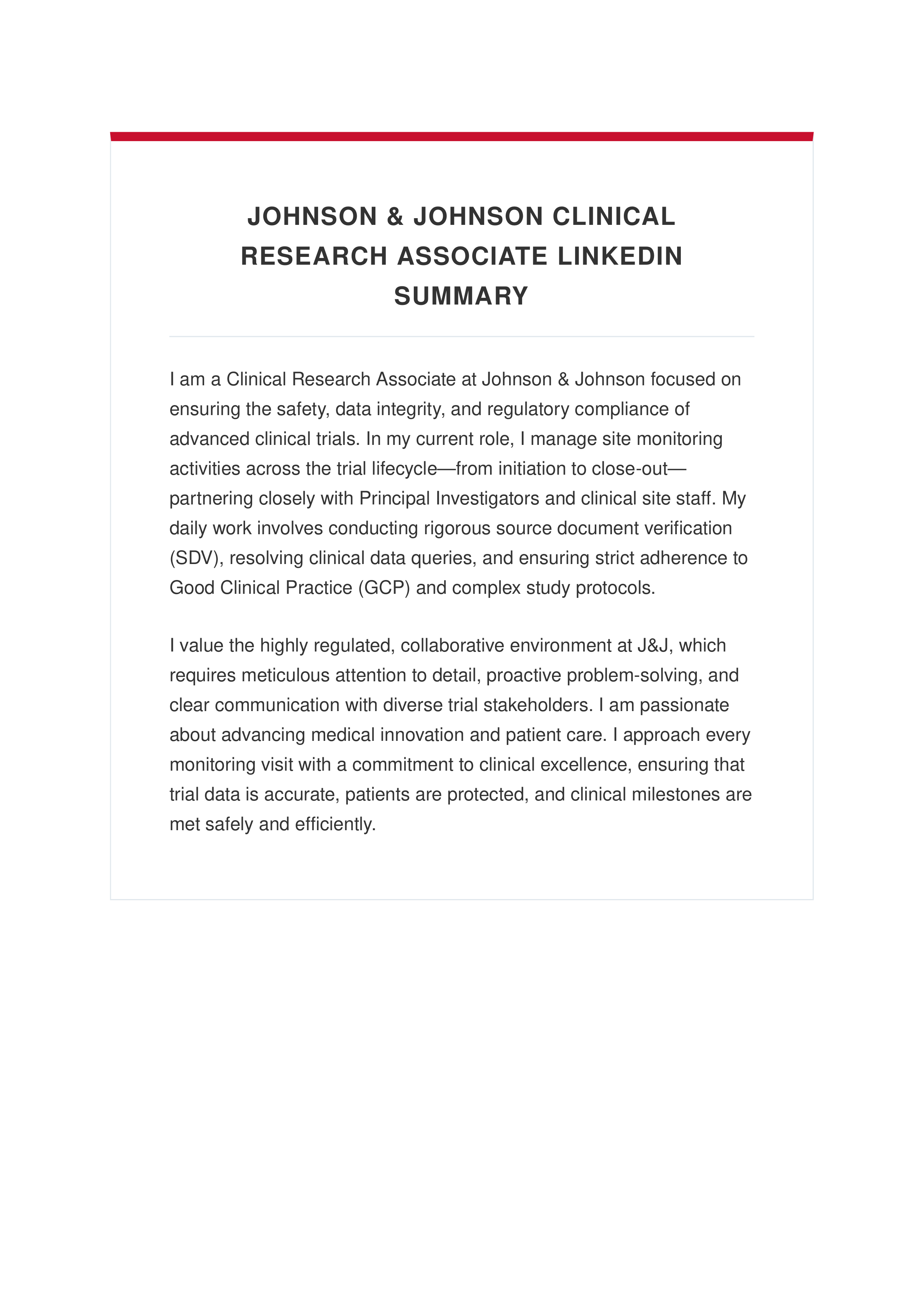 Johnson & Johnson Clinical Research Associate LinkedIn Summary — page 1