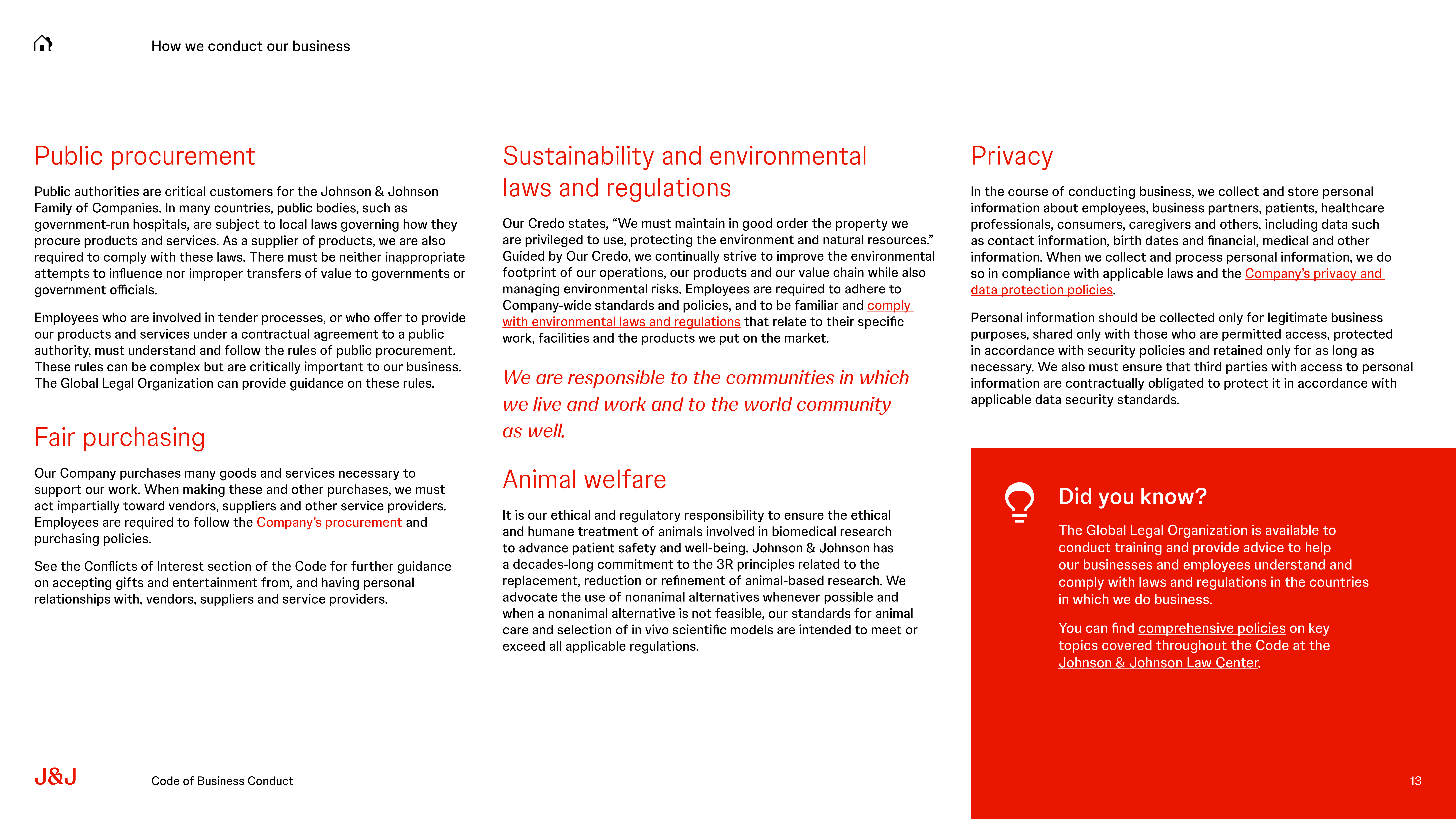 Johnson & Johnson Code of Business Conduct Handbook — page 13
