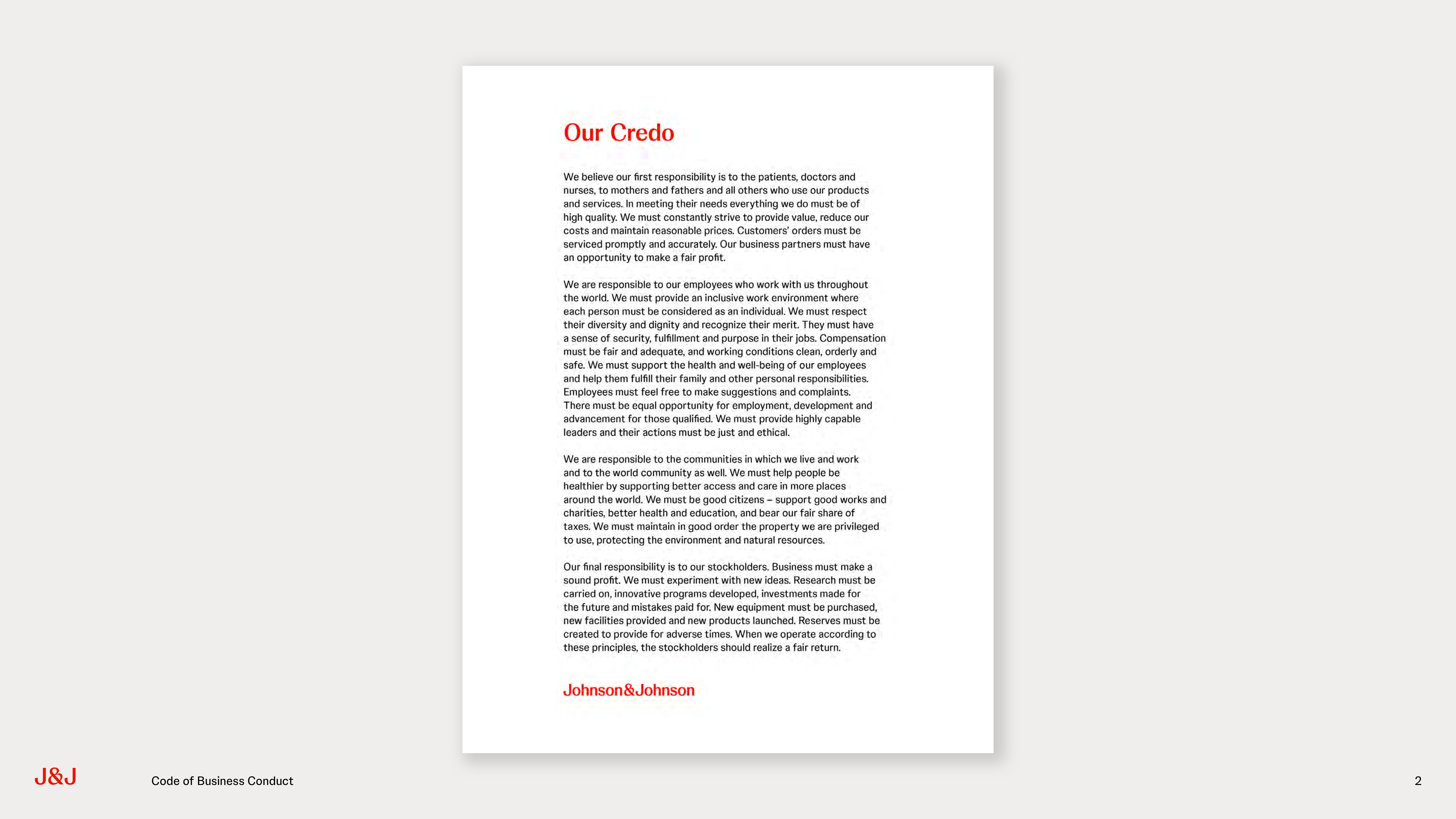 Johnson & Johnson Code of Business Conduct Handbook — page 2