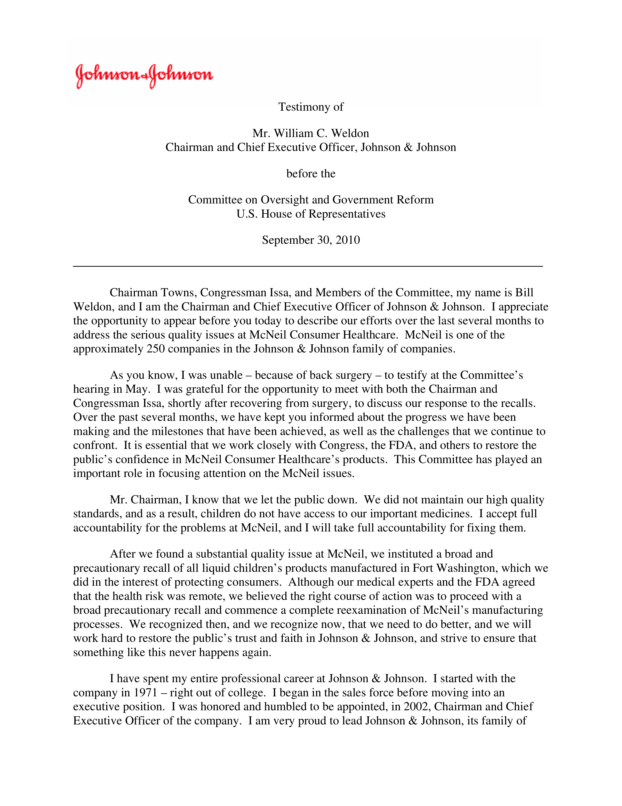 Johnson & Johnson Congressional Opening Statement — page 1