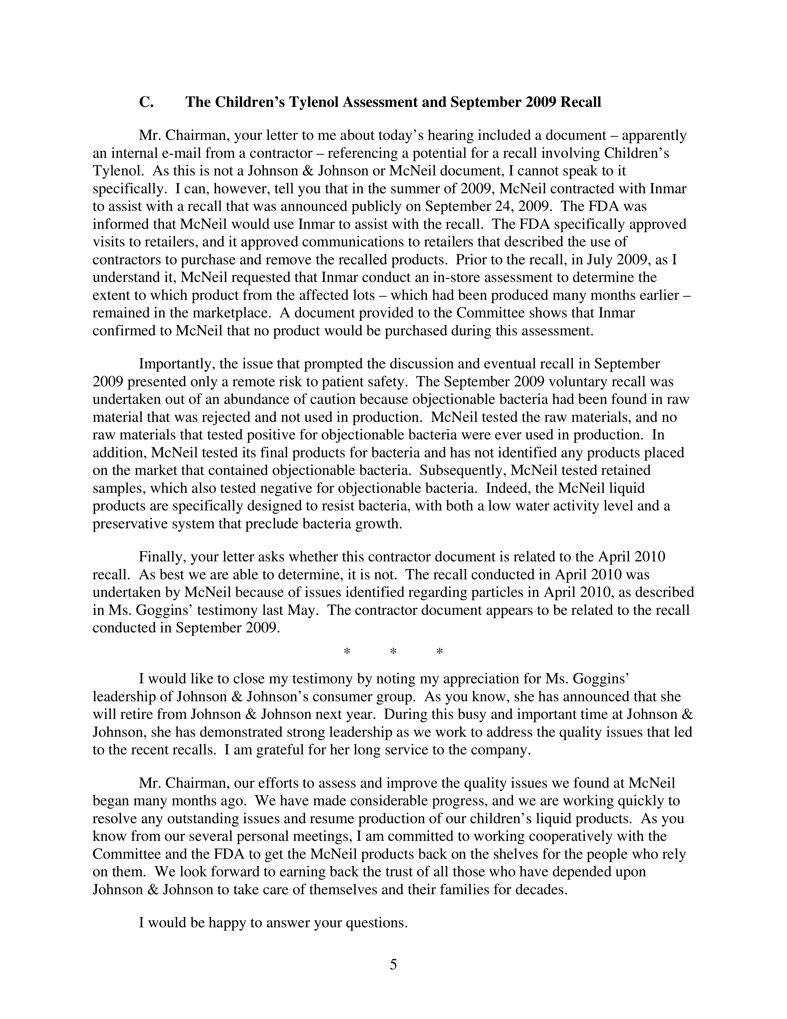 Johnson & Johnson Congressional Opening Statement — page 5
