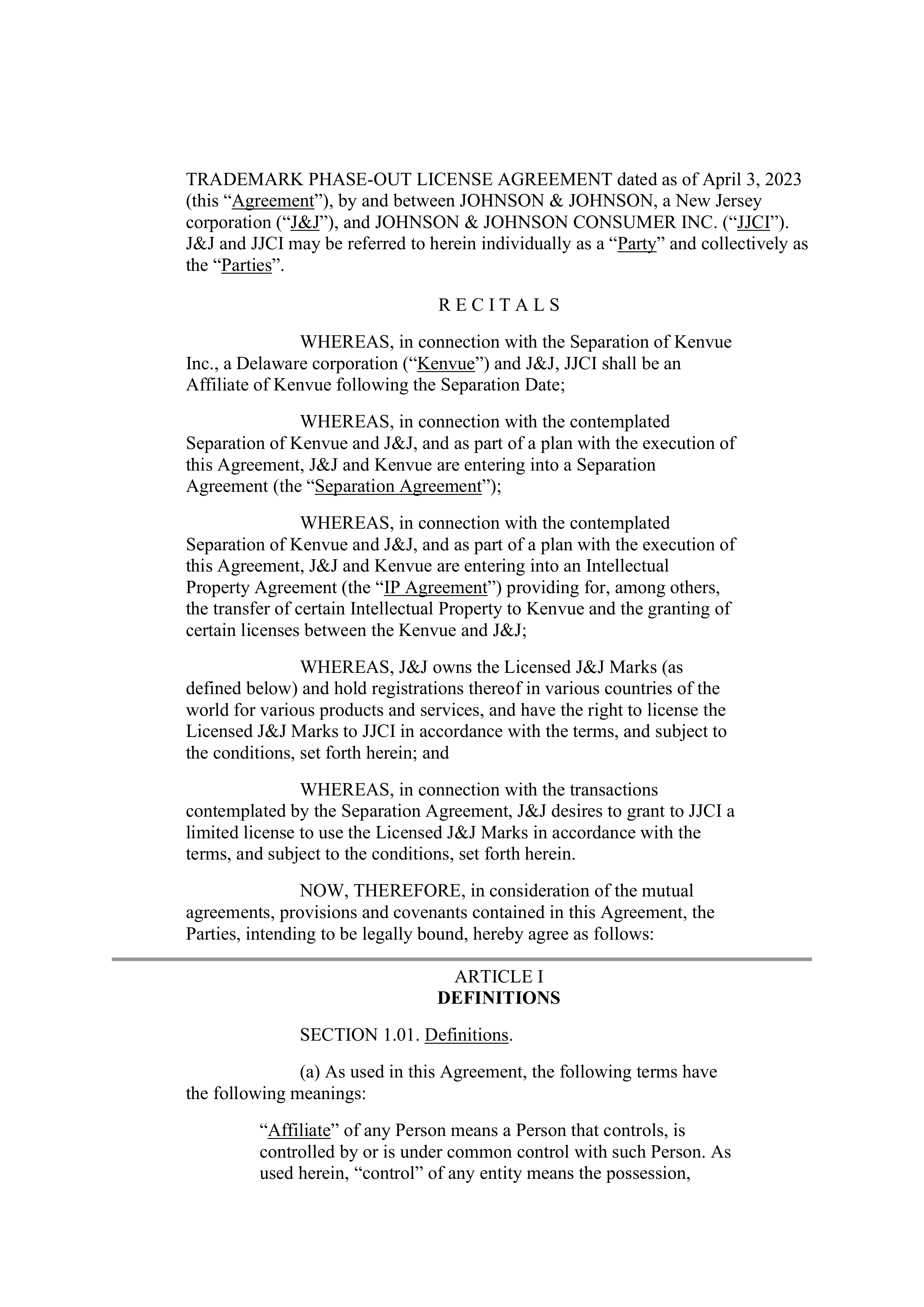 Johnson & Johnson Contract Sales and Service Agreement — page 1
