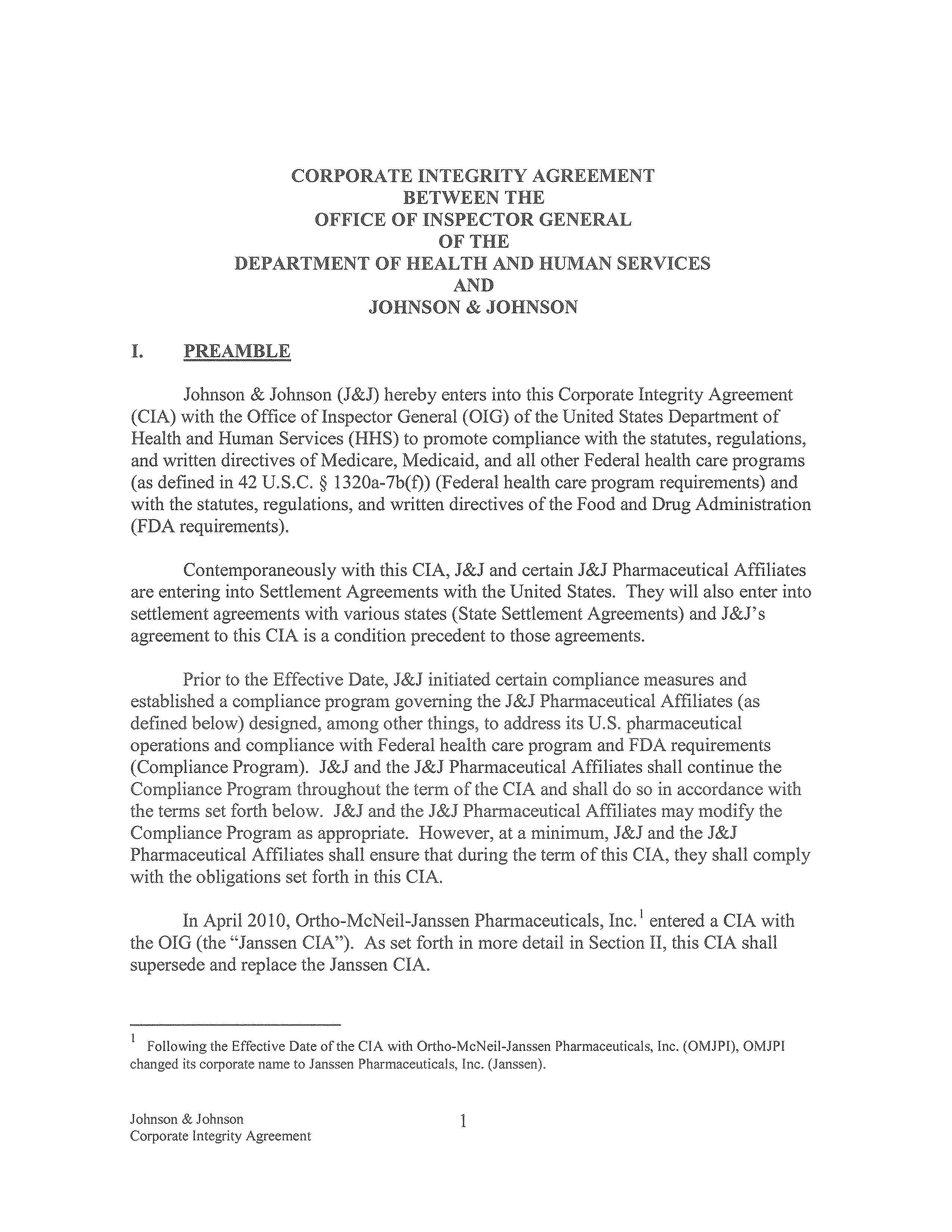 Johnson & Johnson Corporate Integrity Agreement. — page 1