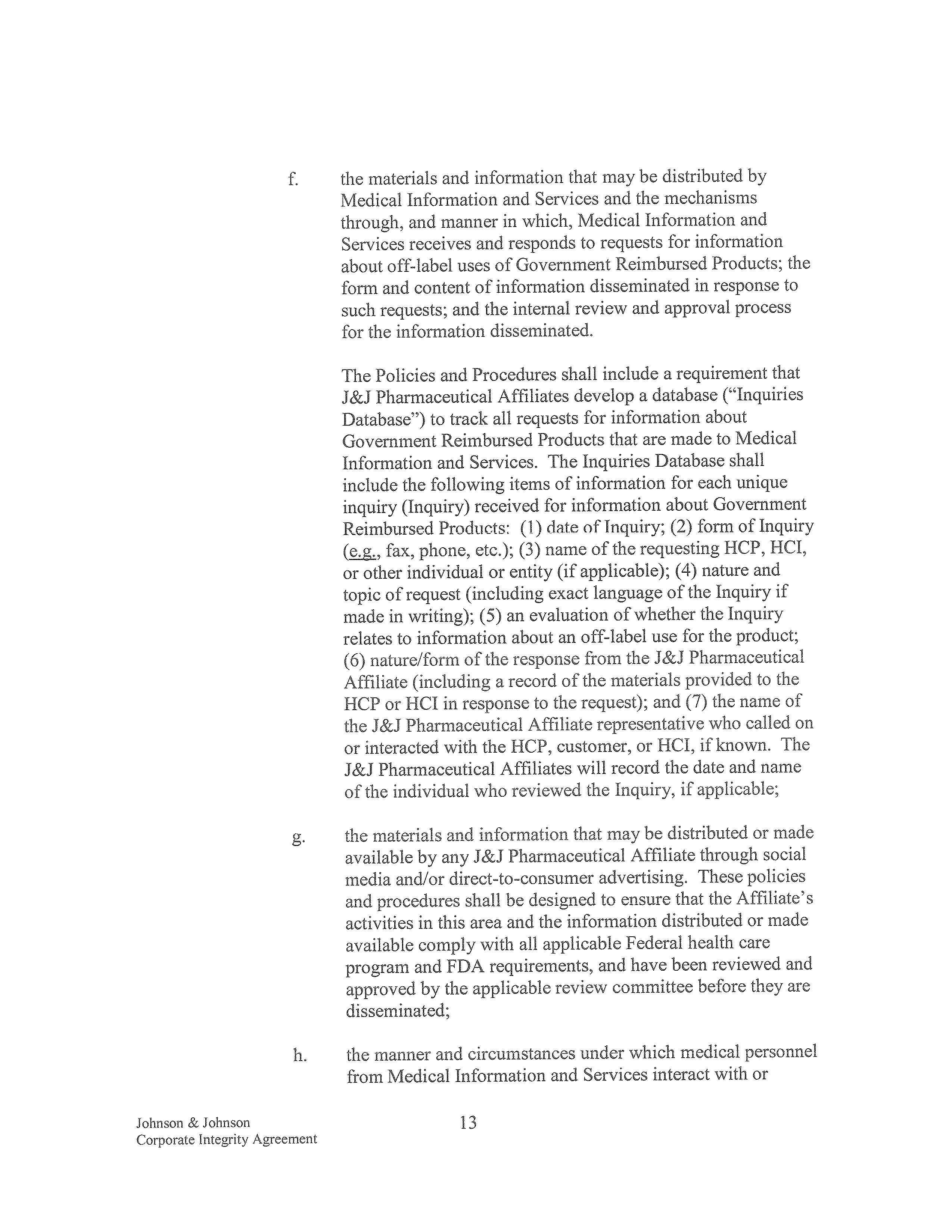 Johnson & Johnson Corporate Integrity Agreement. — page 13