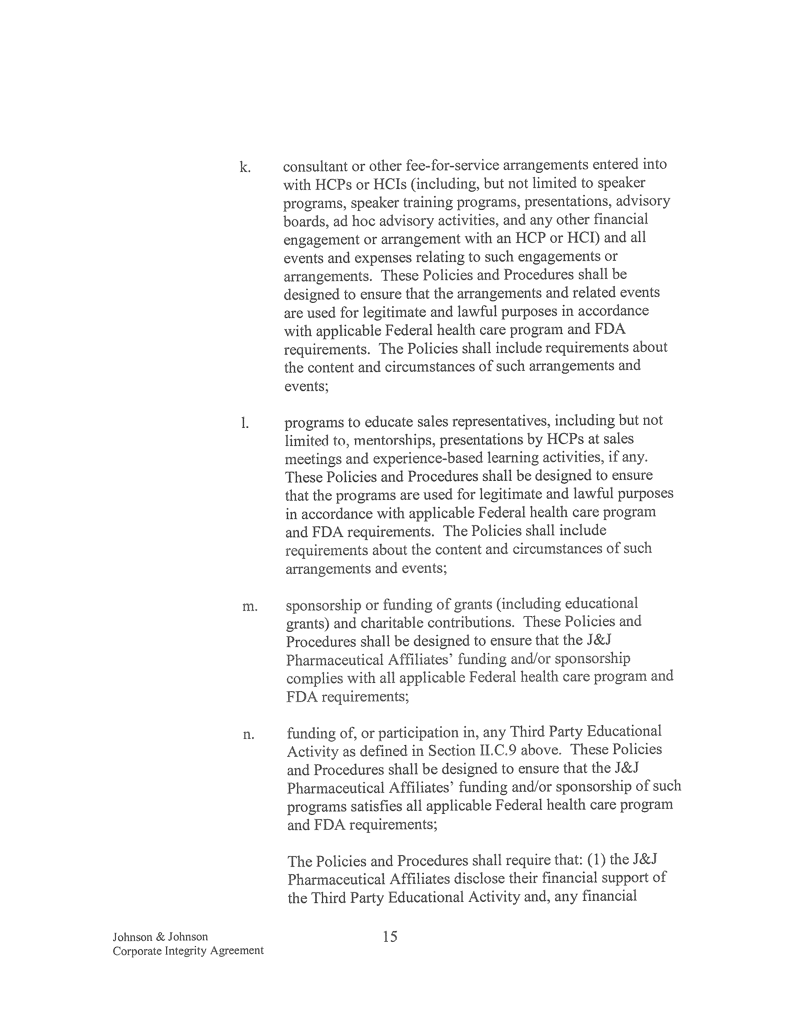 Johnson & Johnson Corporate Integrity Agreement. — page 15