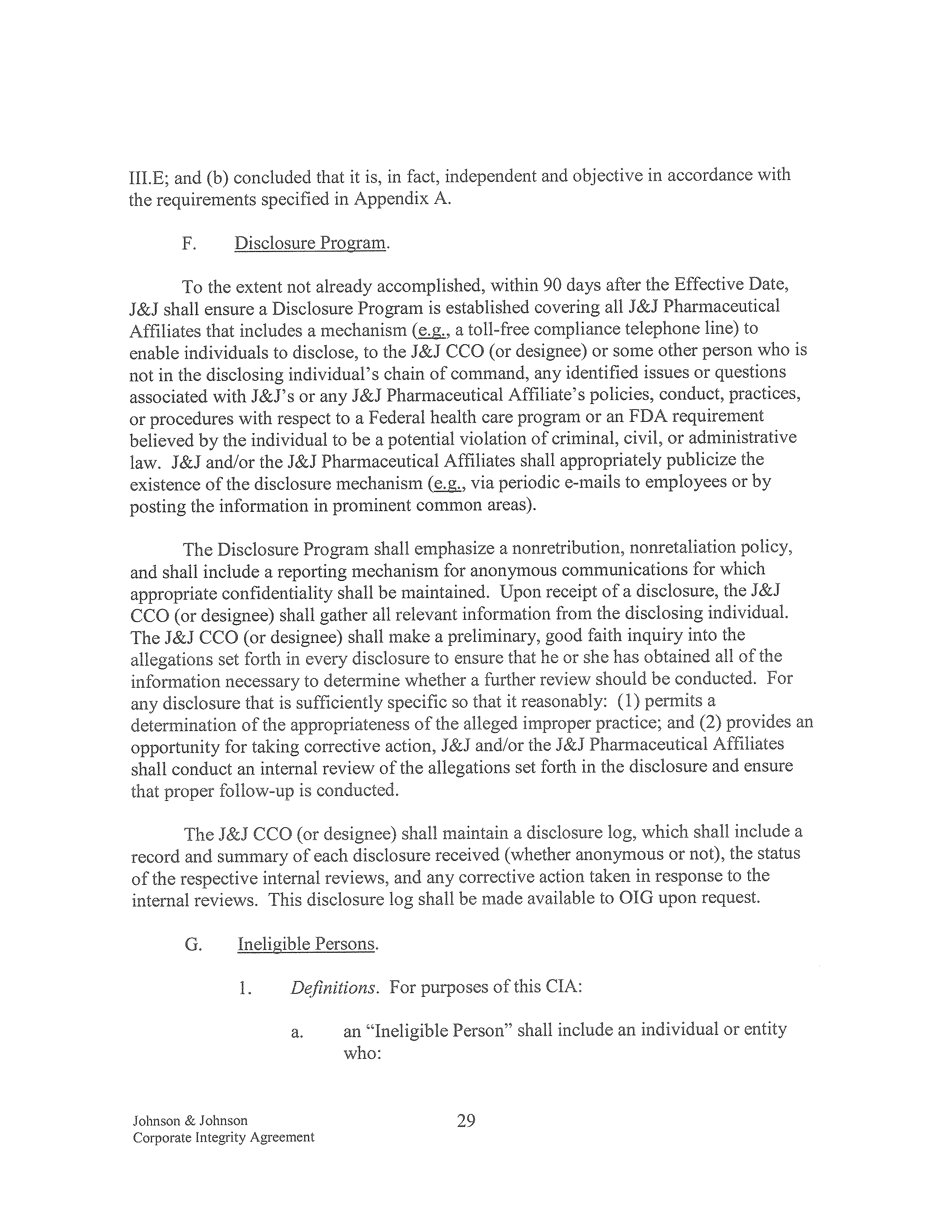 Johnson & Johnson Corporate Integrity Agreement. — page 29