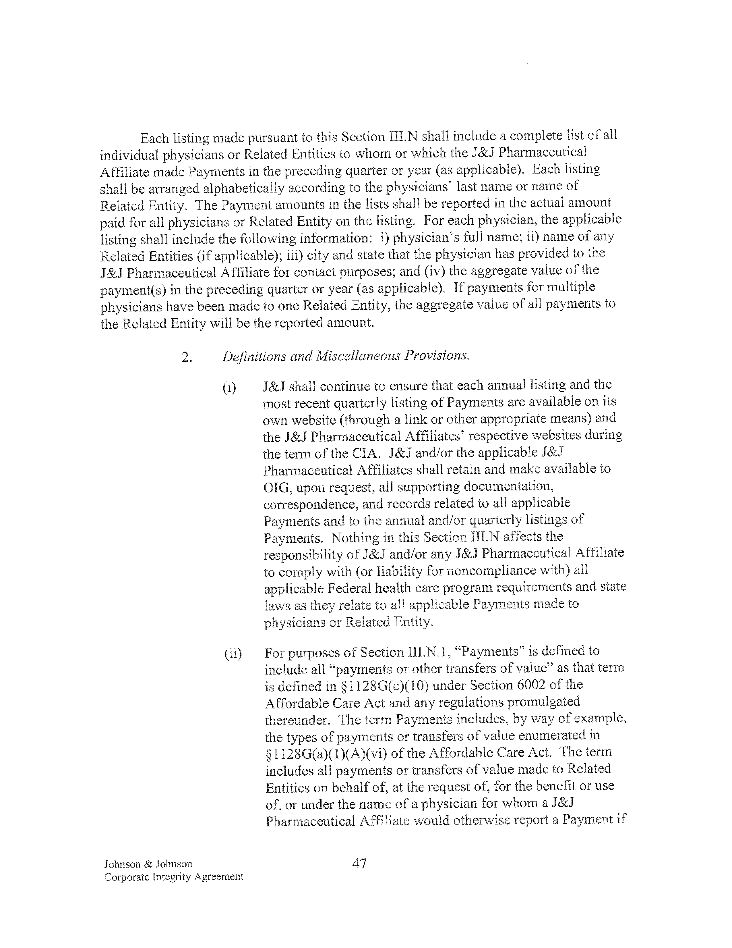 Johnson & Johnson Corporate Integrity Agreement. — page 47