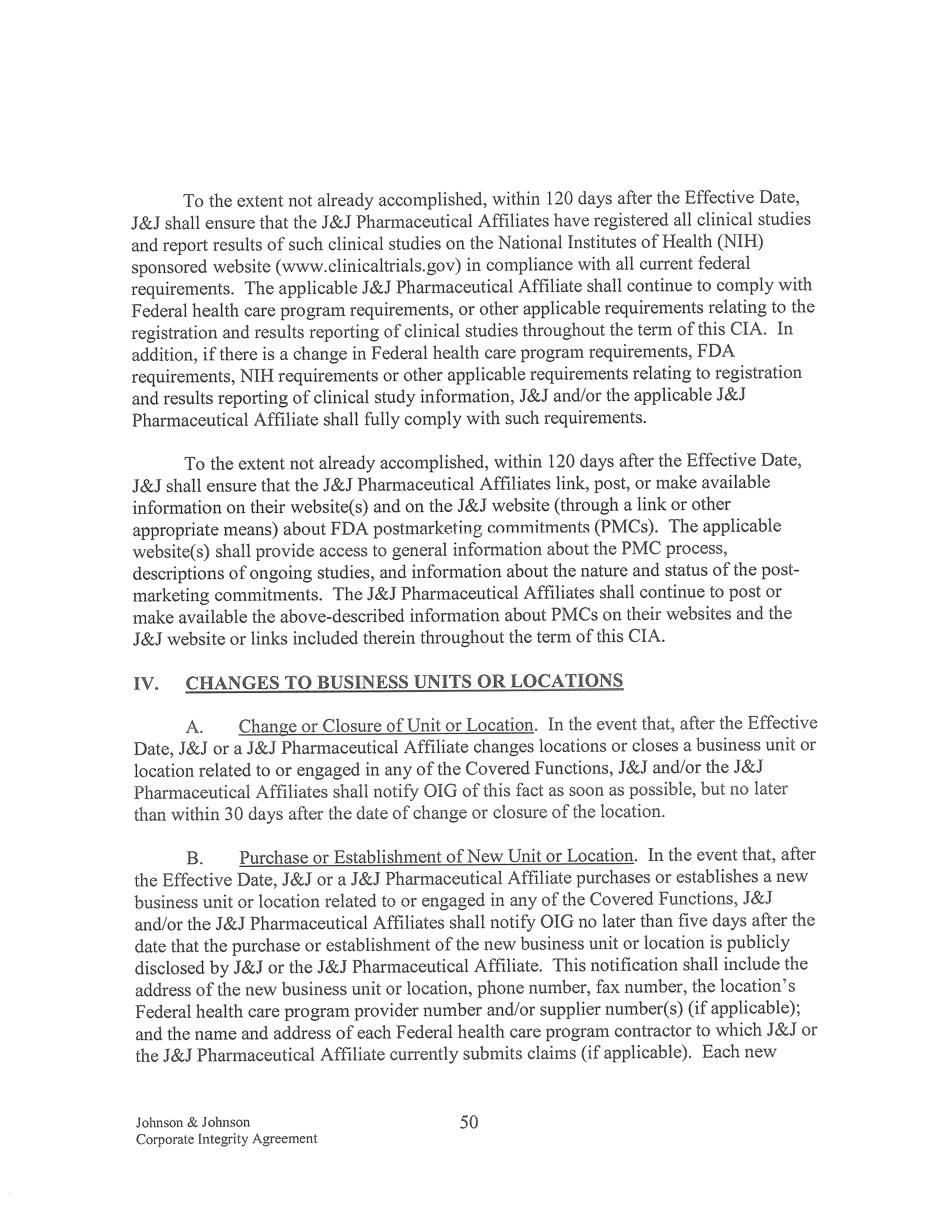 Johnson & Johnson Corporate Integrity Agreement. — page 50