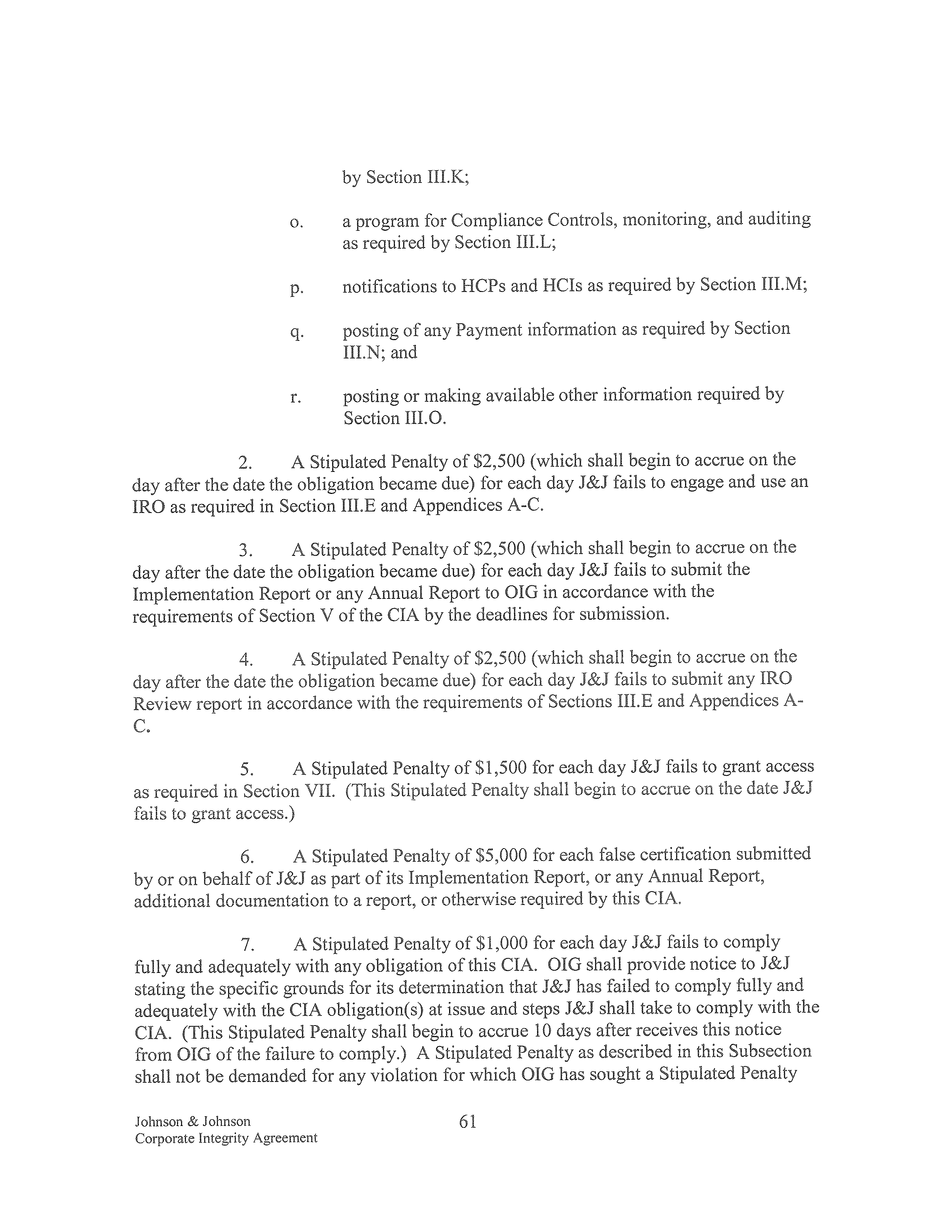 Johnson & Johnson Corporate Integrity Agreement. — page 61