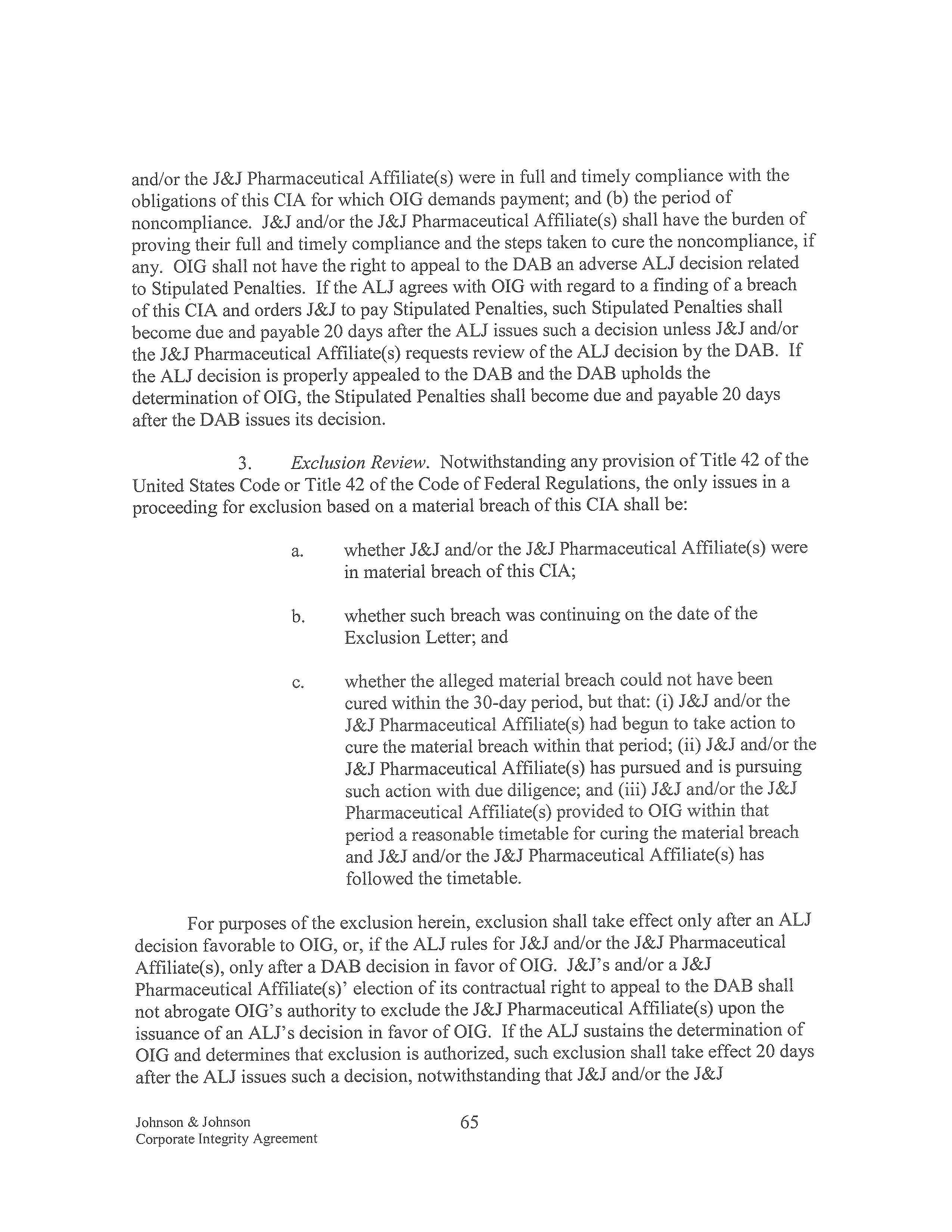 Johnson & Johnson Corporate Integrity Agreement. — page 65