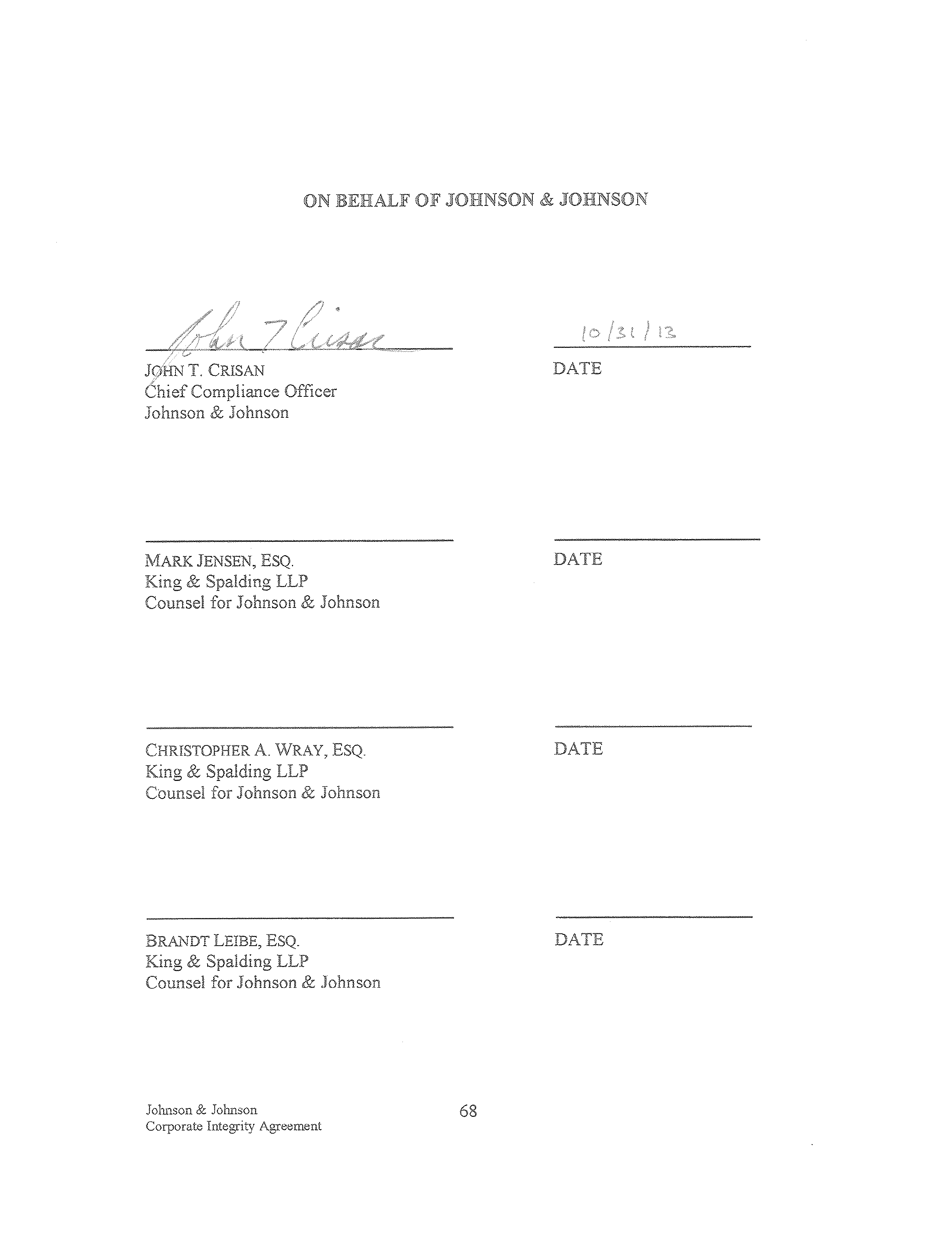 Johnson & Johnson Corporate Integrity Agreement. — page 68