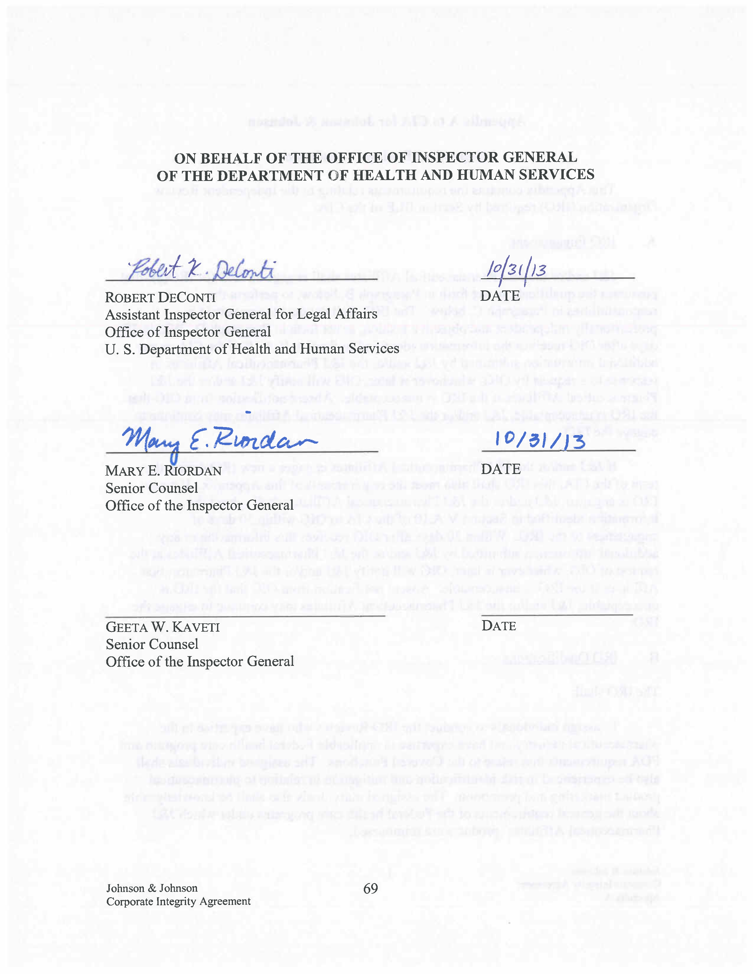 Johnson & Johnson Corporate Integrity Agreement. — page 70