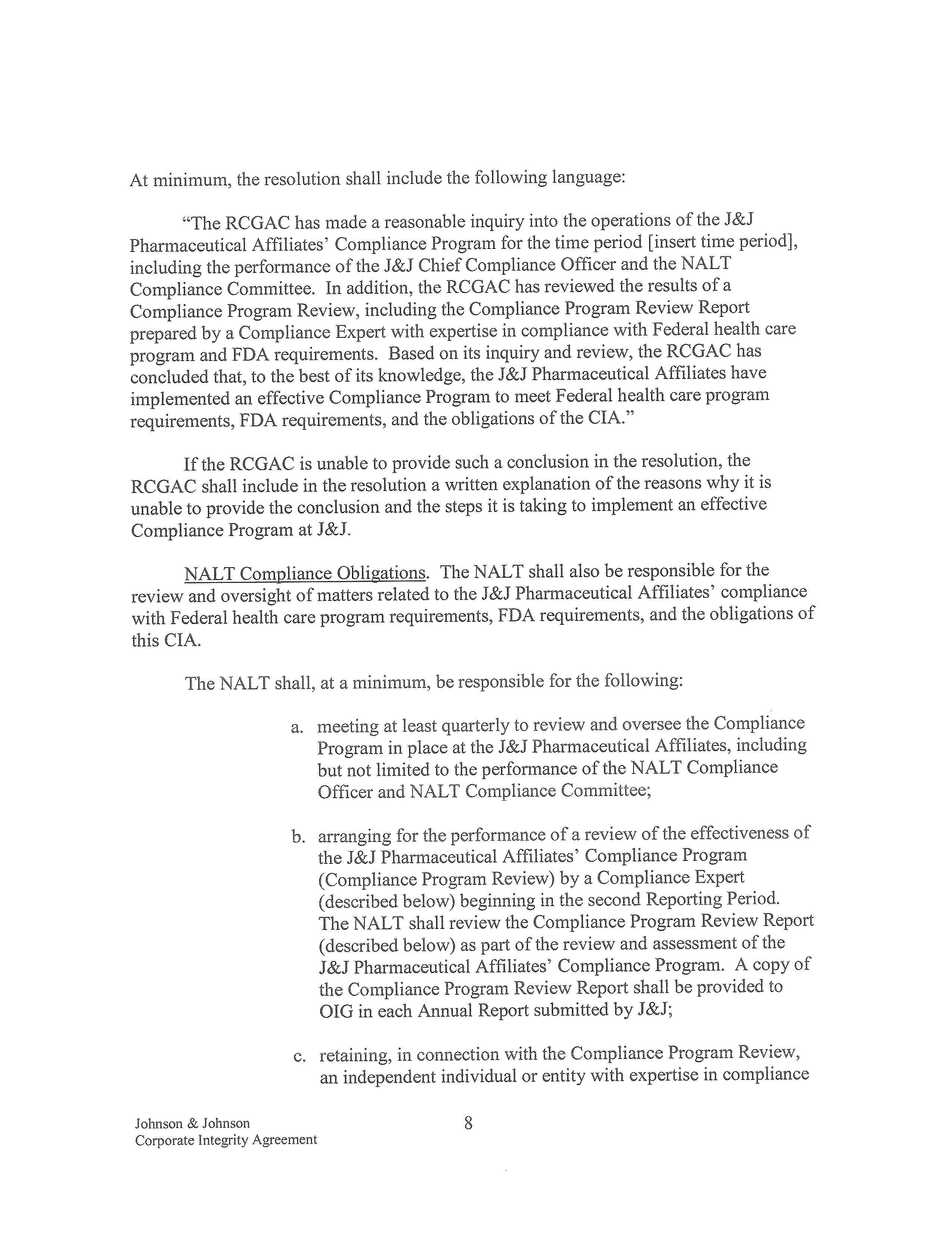 Johnson & Johnson Corporate Integrity Agreement. — page 8
