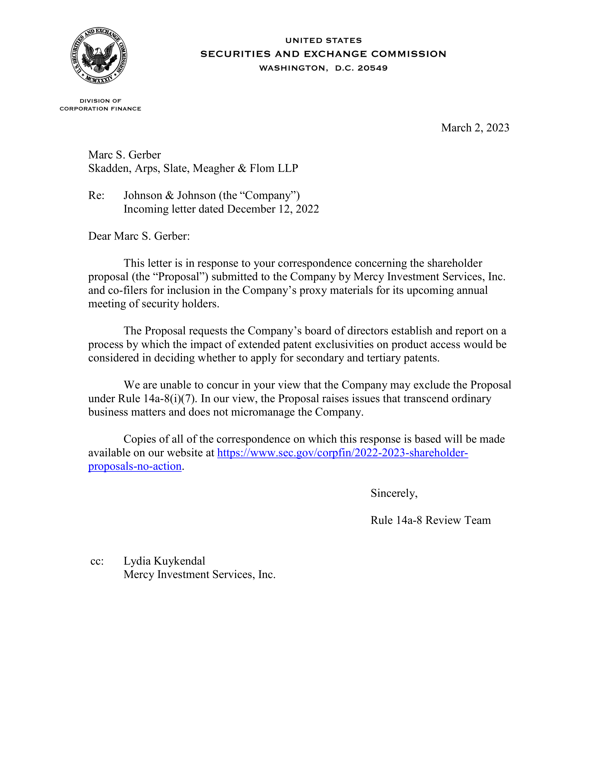 Johnson and Johnson Proposal  — page 1