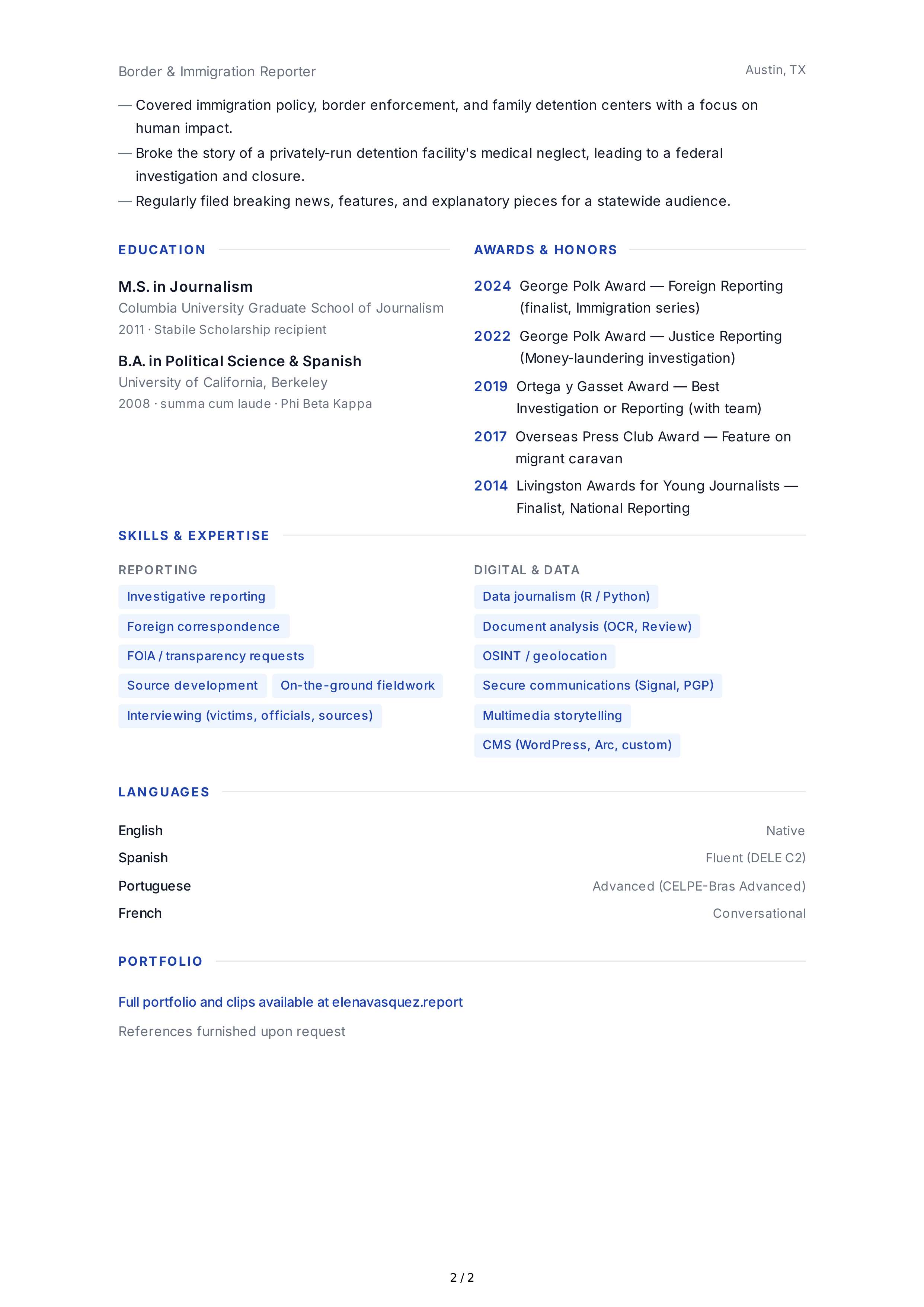 Journalist CV — page 2