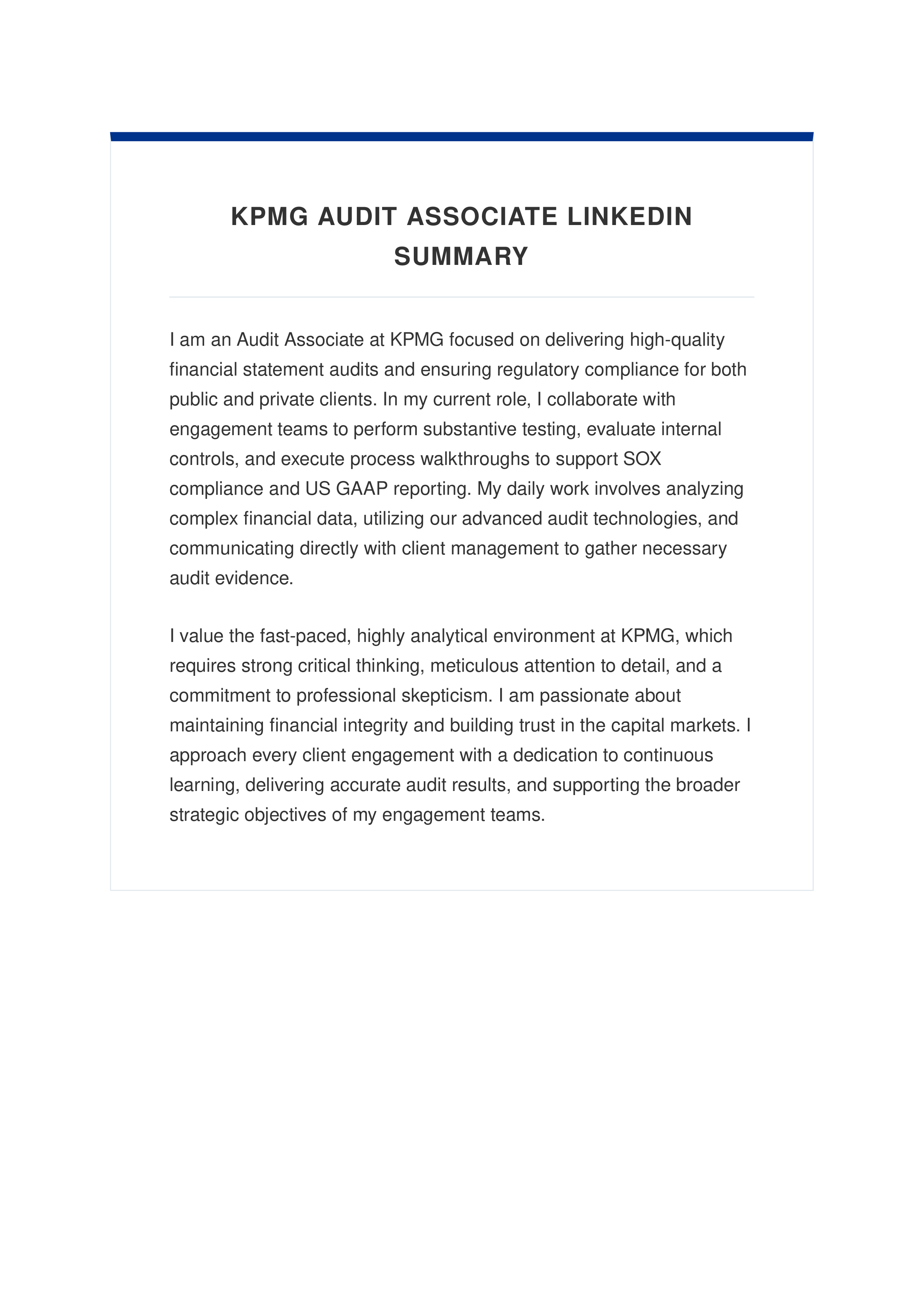 KPMG Audit Associate LinkedIn Summary — page 1