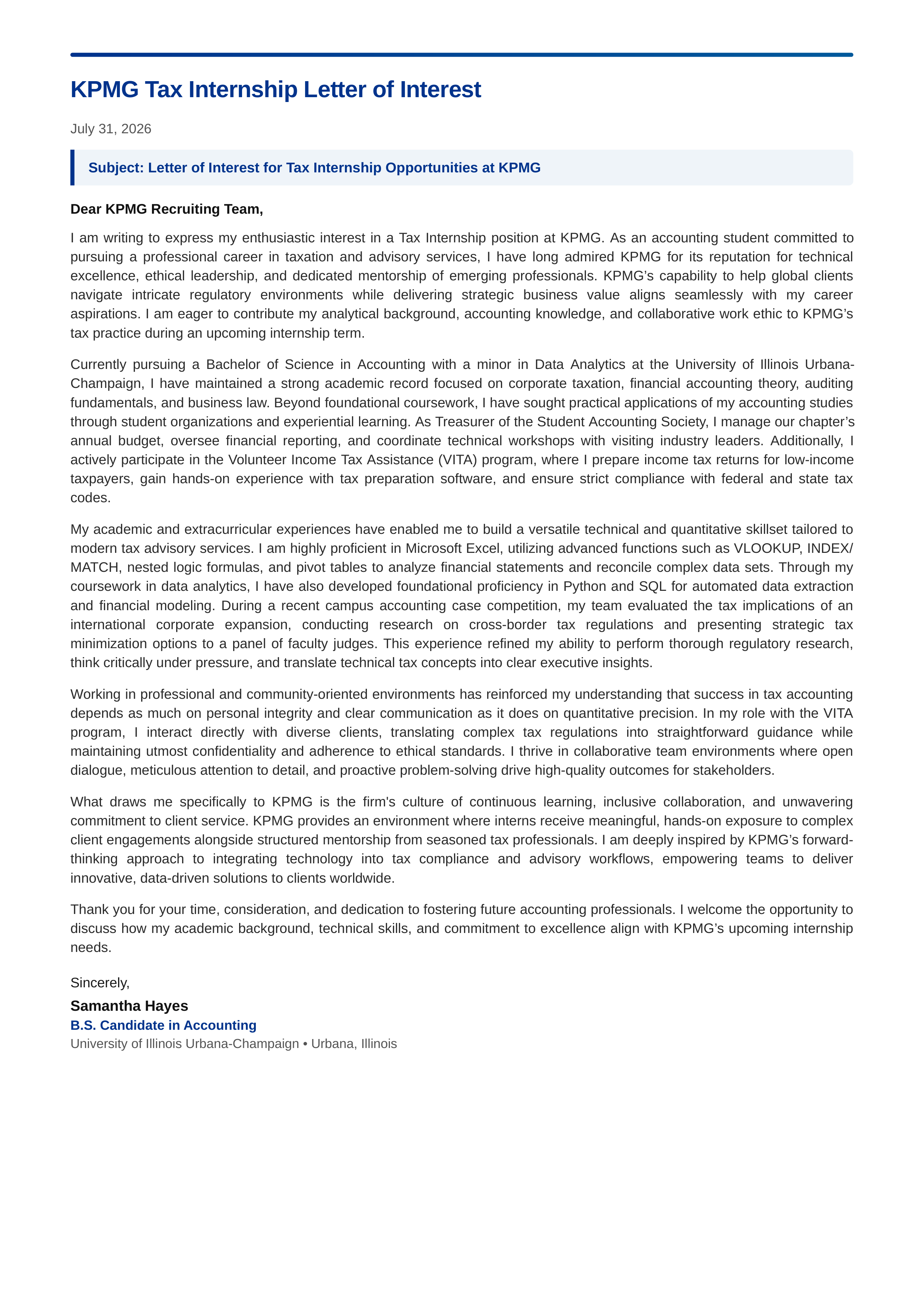 KPMG Tax Internship Letter of Interest — page 1