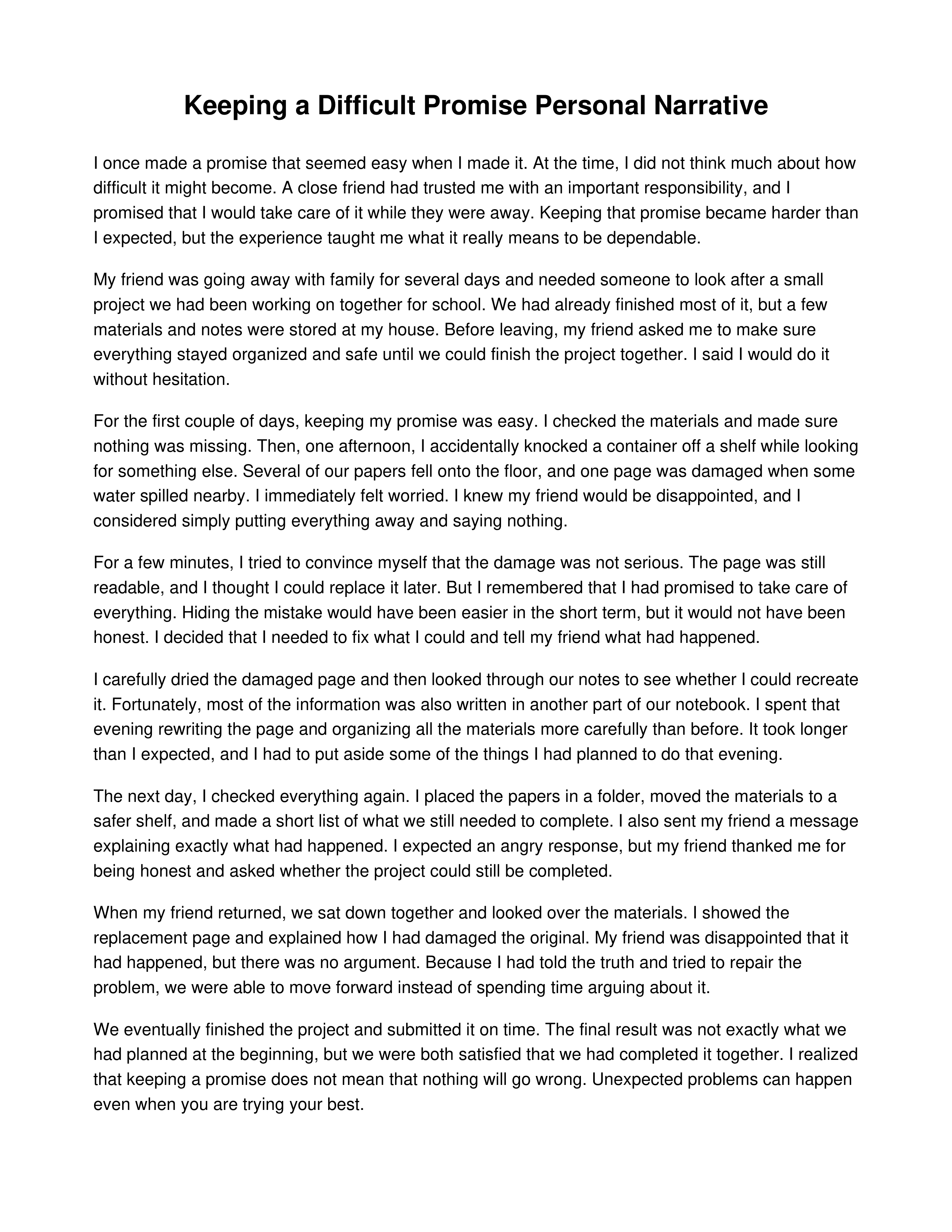 Keeping a Difficult Promise Personal Narrative — page 1